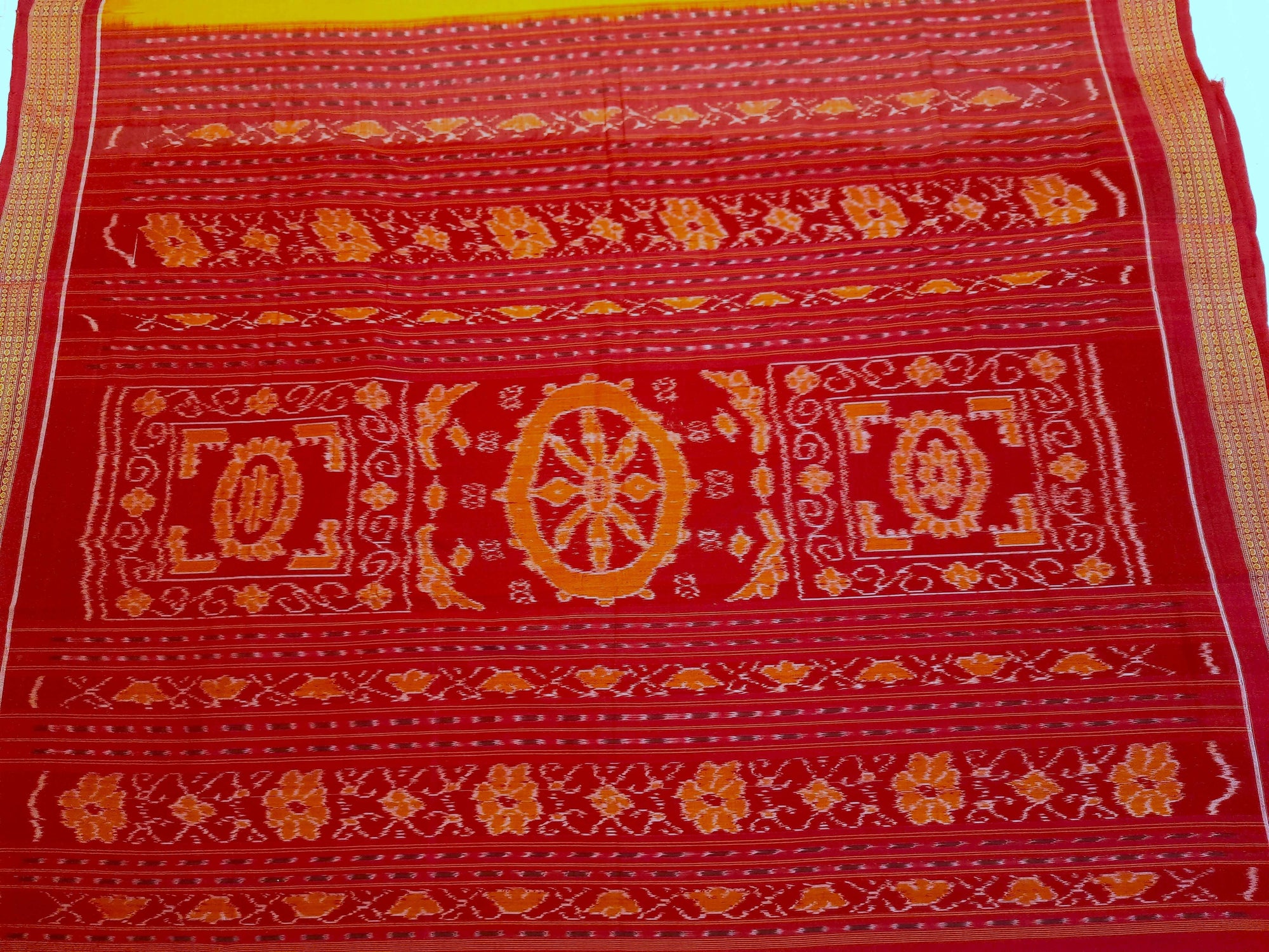 Yellow Red Sambalpuri Cotton Saree with running blouse piece