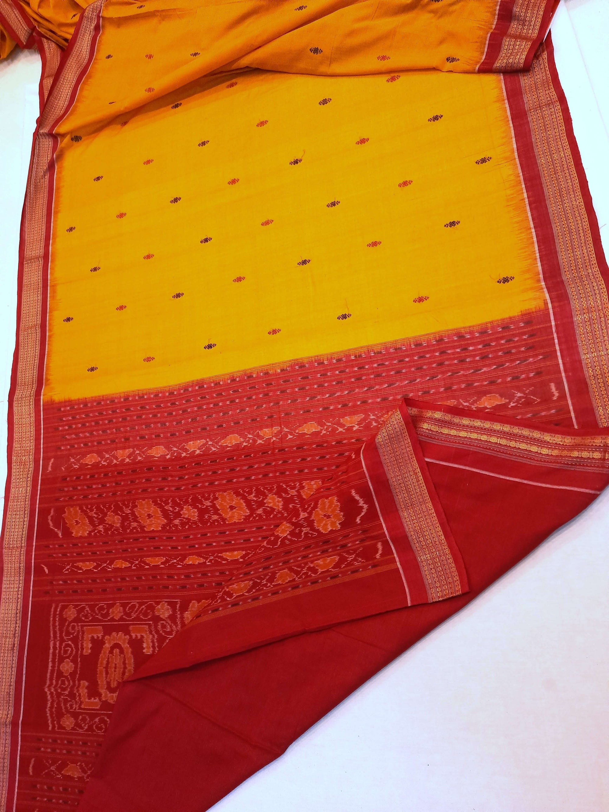 Yellow Red Sambalpuri Cotton Saree with running blouse piece