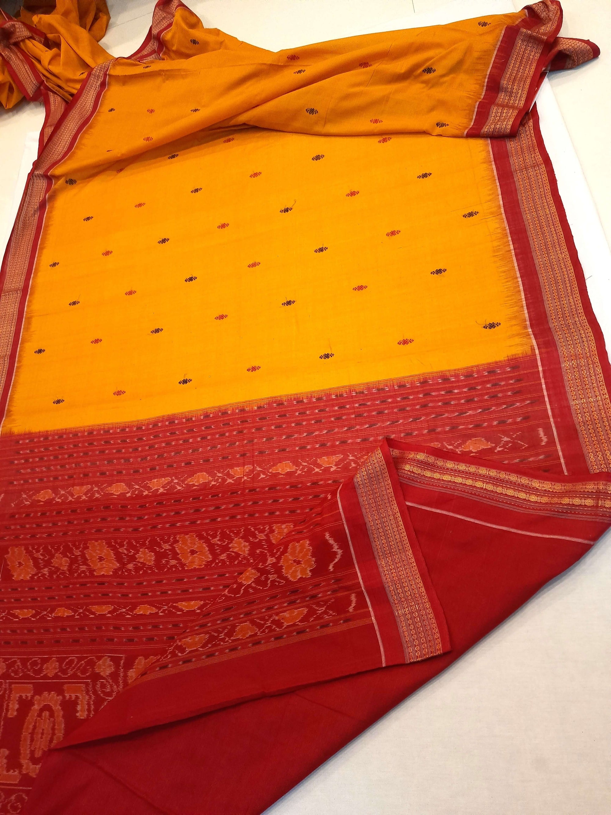 Yellow Red Sambalpuri Cotton Saree with running blouse piece