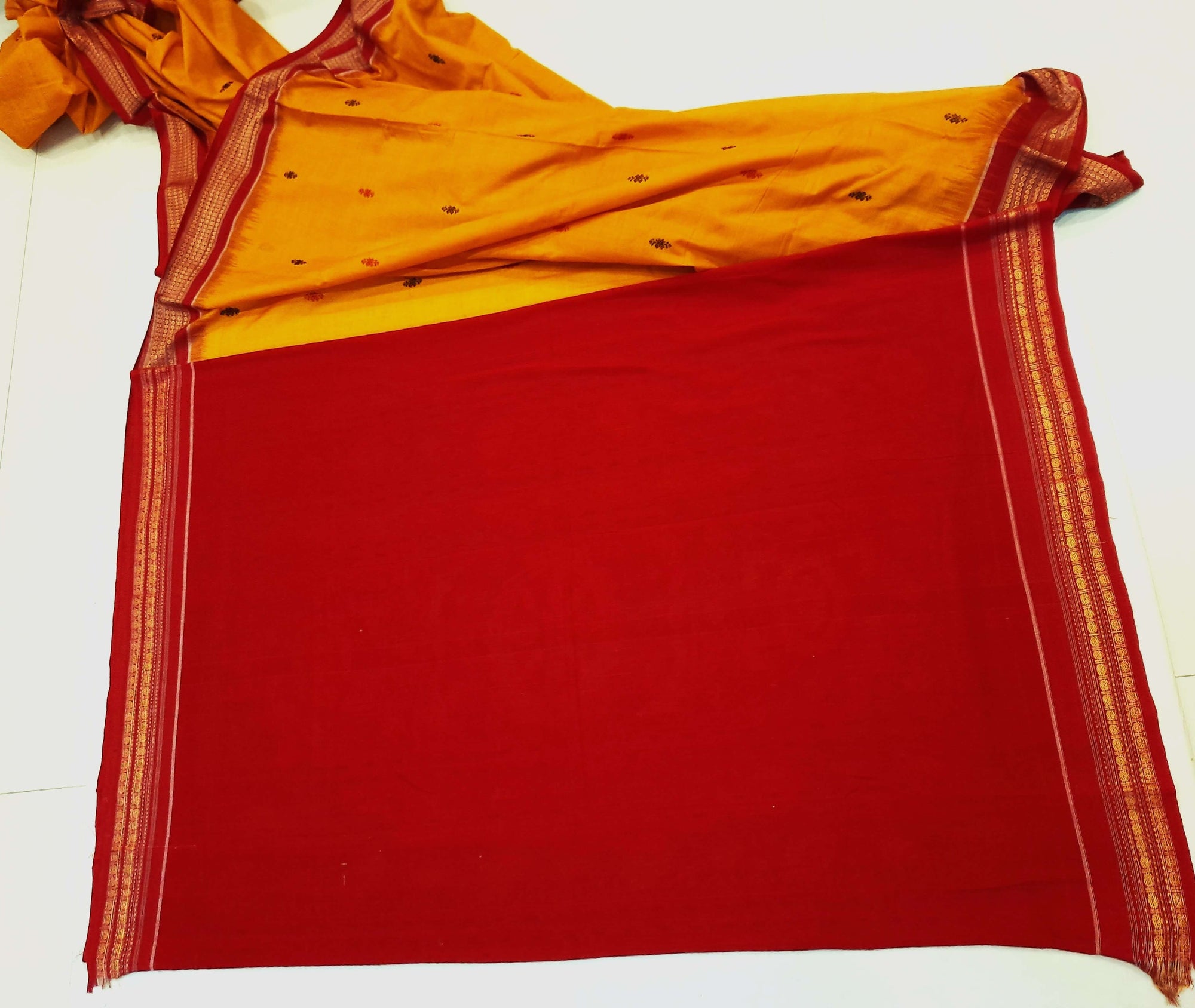 Yellow Red Sambalpuri Cotton Saree with running blouse piece