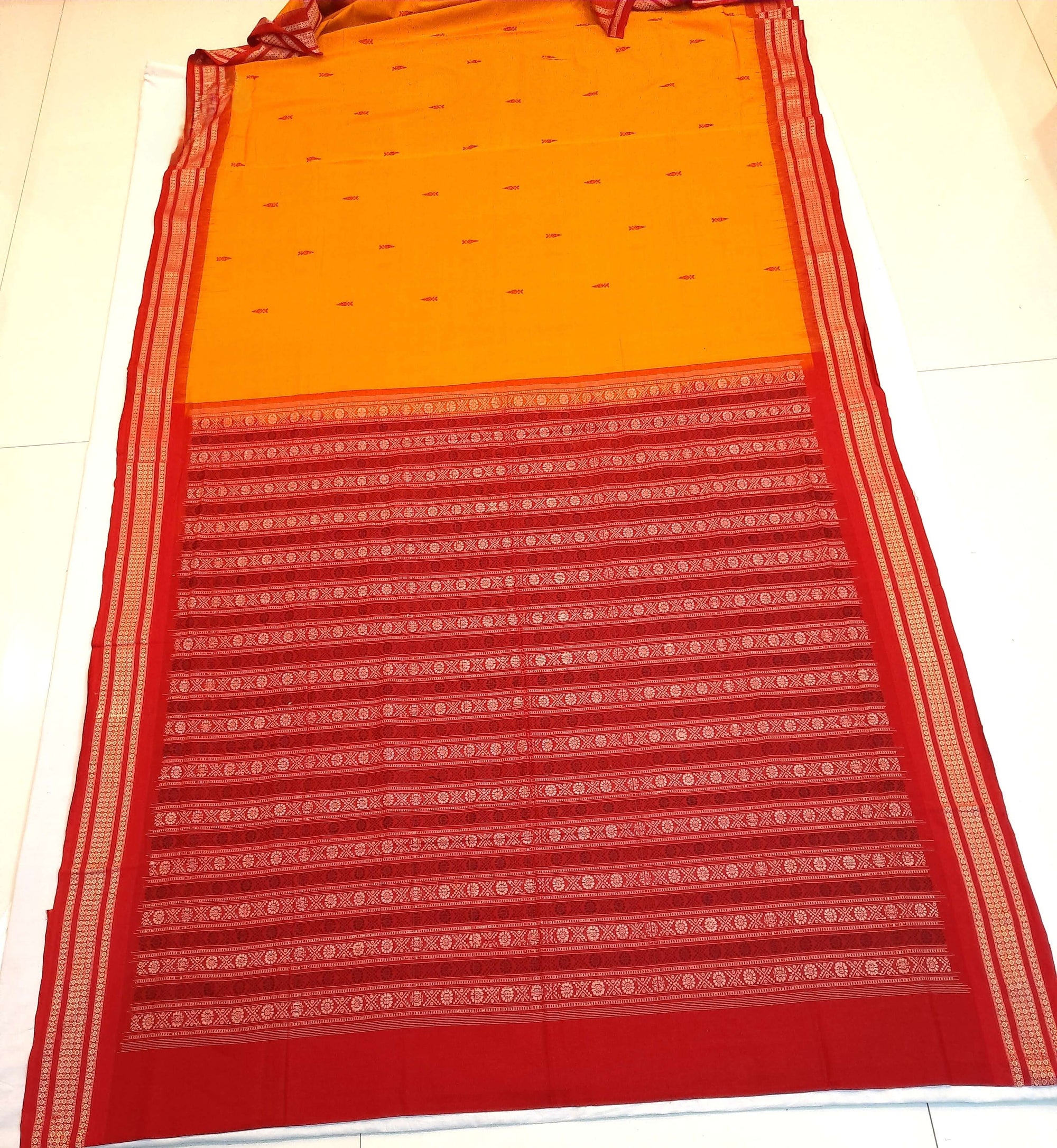 Yellow Red Sambalpuri Cotton Saree with running blouse piece