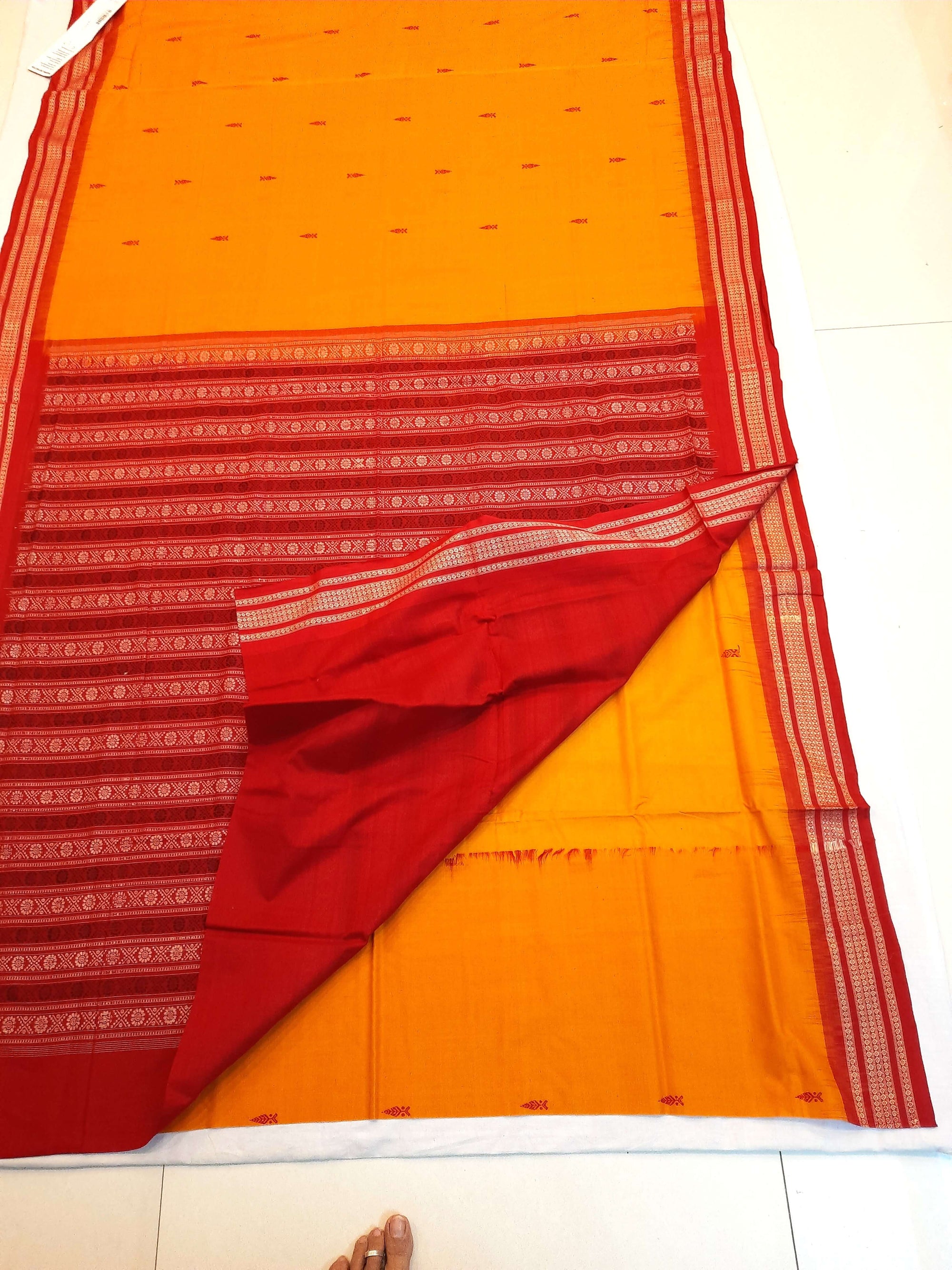Yellow Red Sambalpuri Cotton Saree with running blouse piece