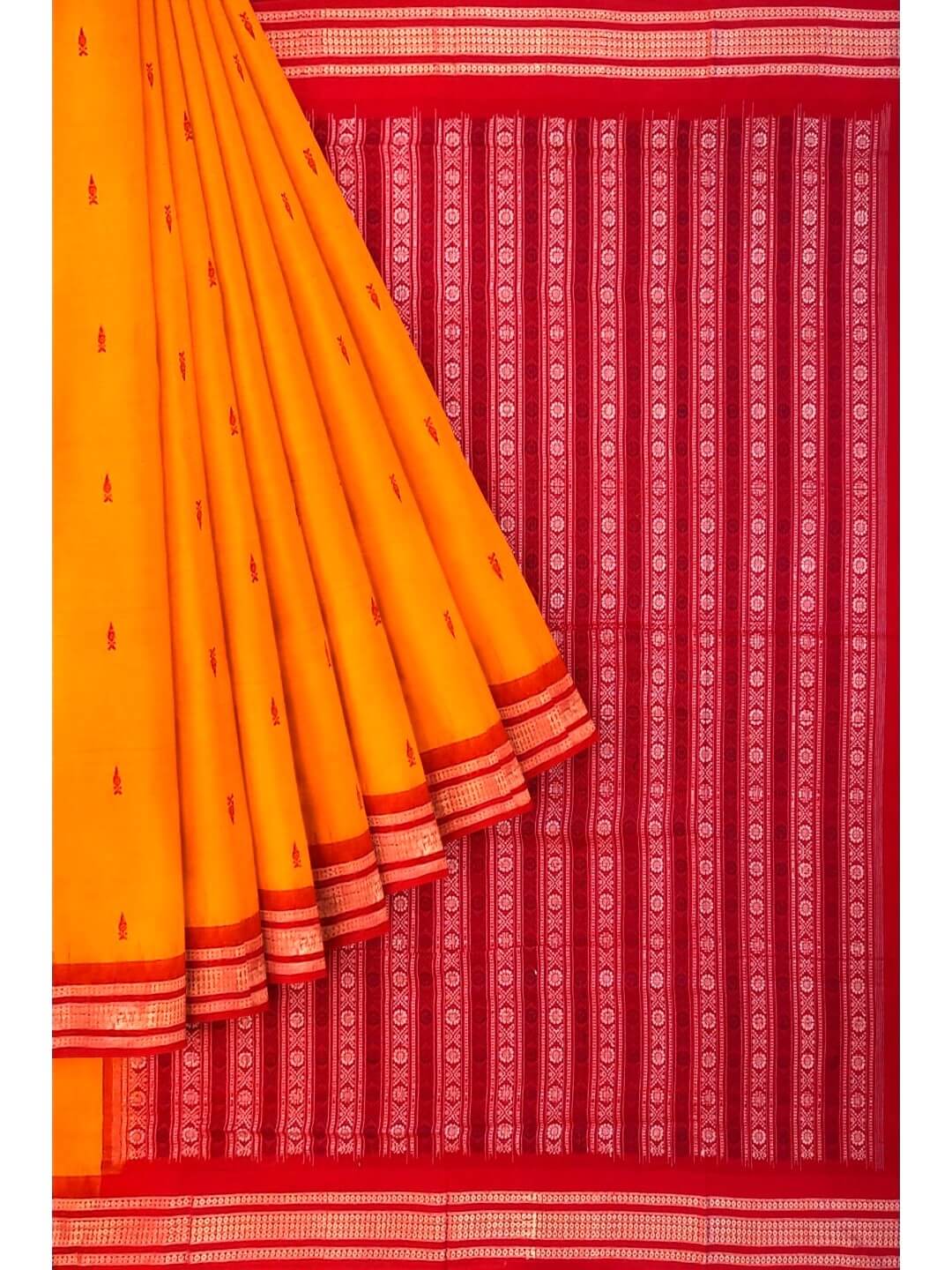 Yellow Red Sambalpuri Cotton Saree with running blouse piece