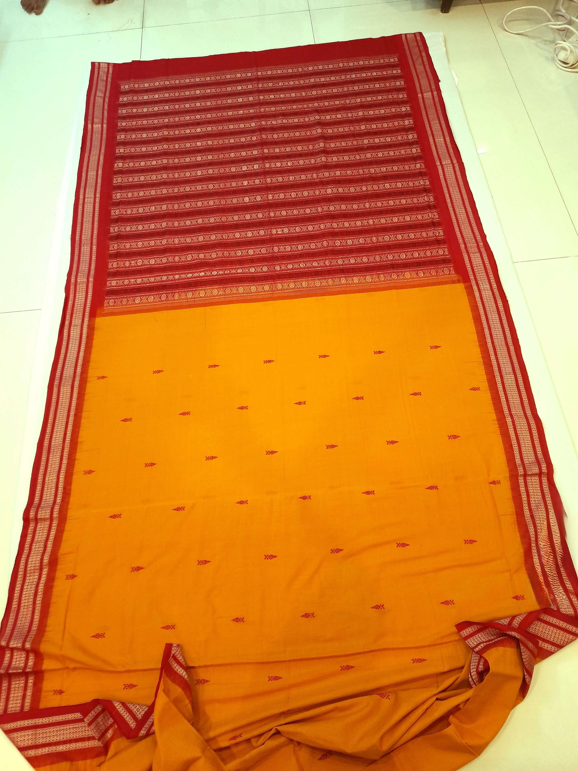 Yellow Red Sambalpuri Cotton Saree with running blouse piece