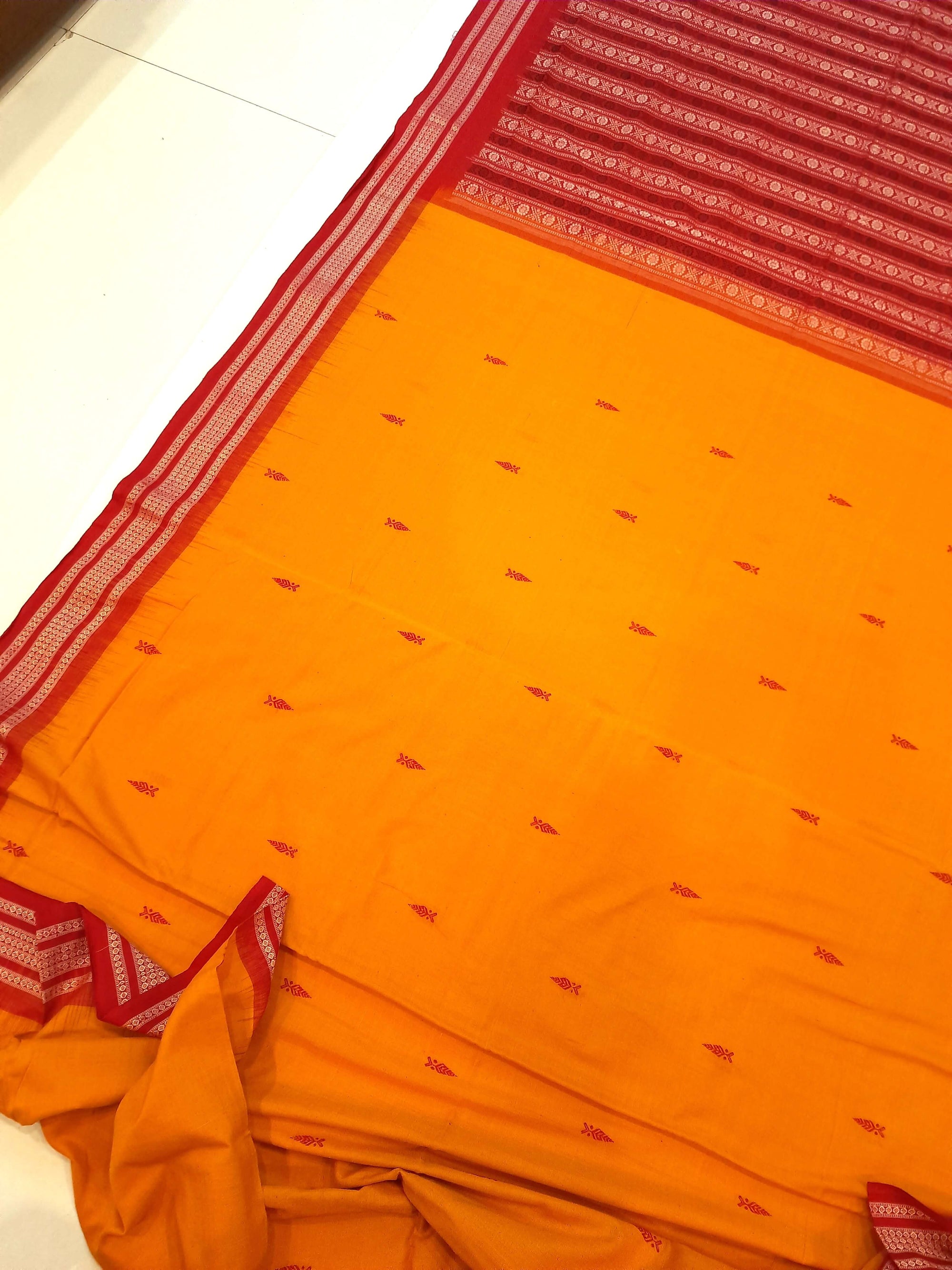 Yellow Red Sambalpuri Cotton Saree with running blouse piece