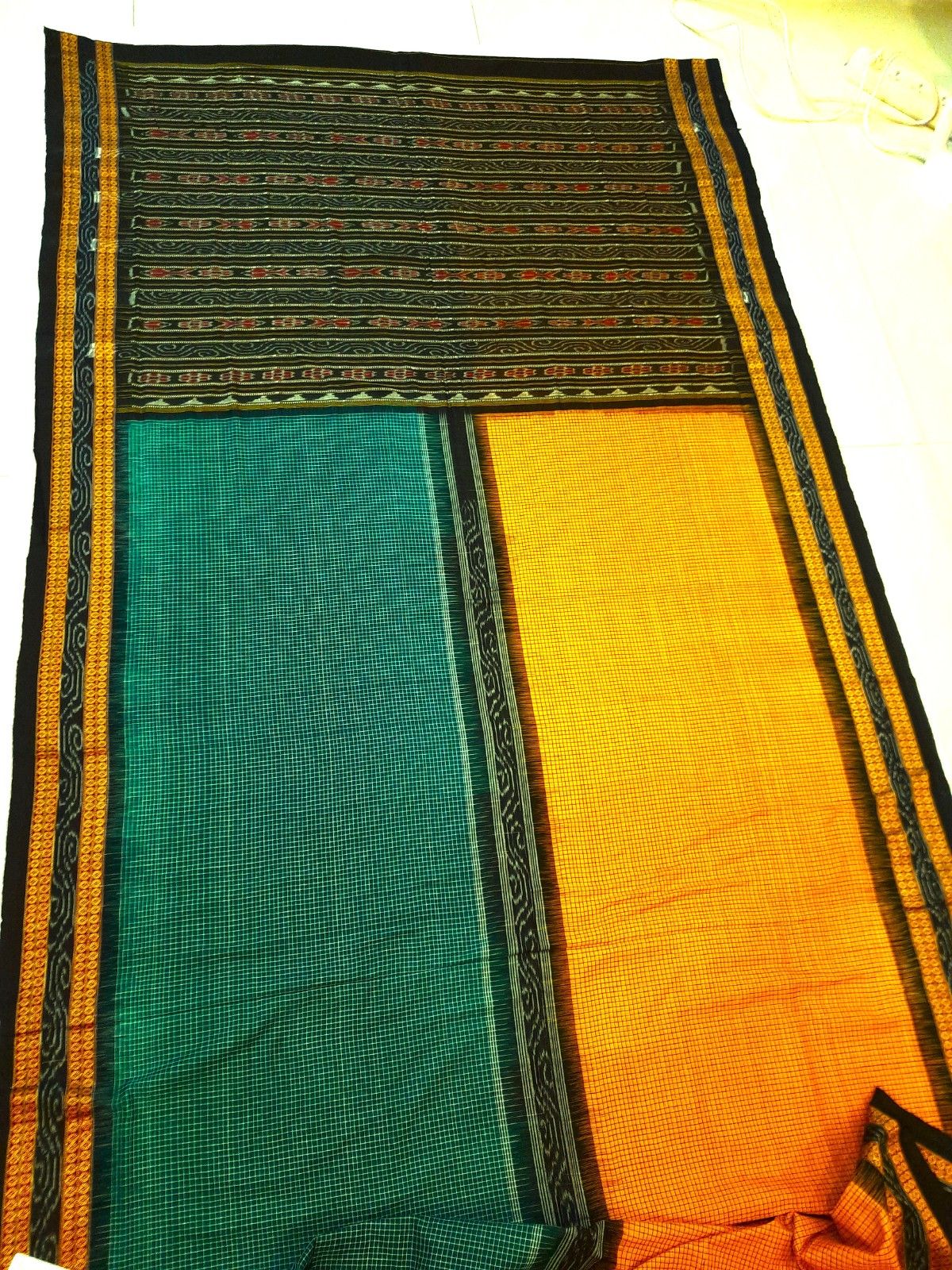 Yellow Green Sachipar Sambalpuri Cotton Saree with matching blouse piece