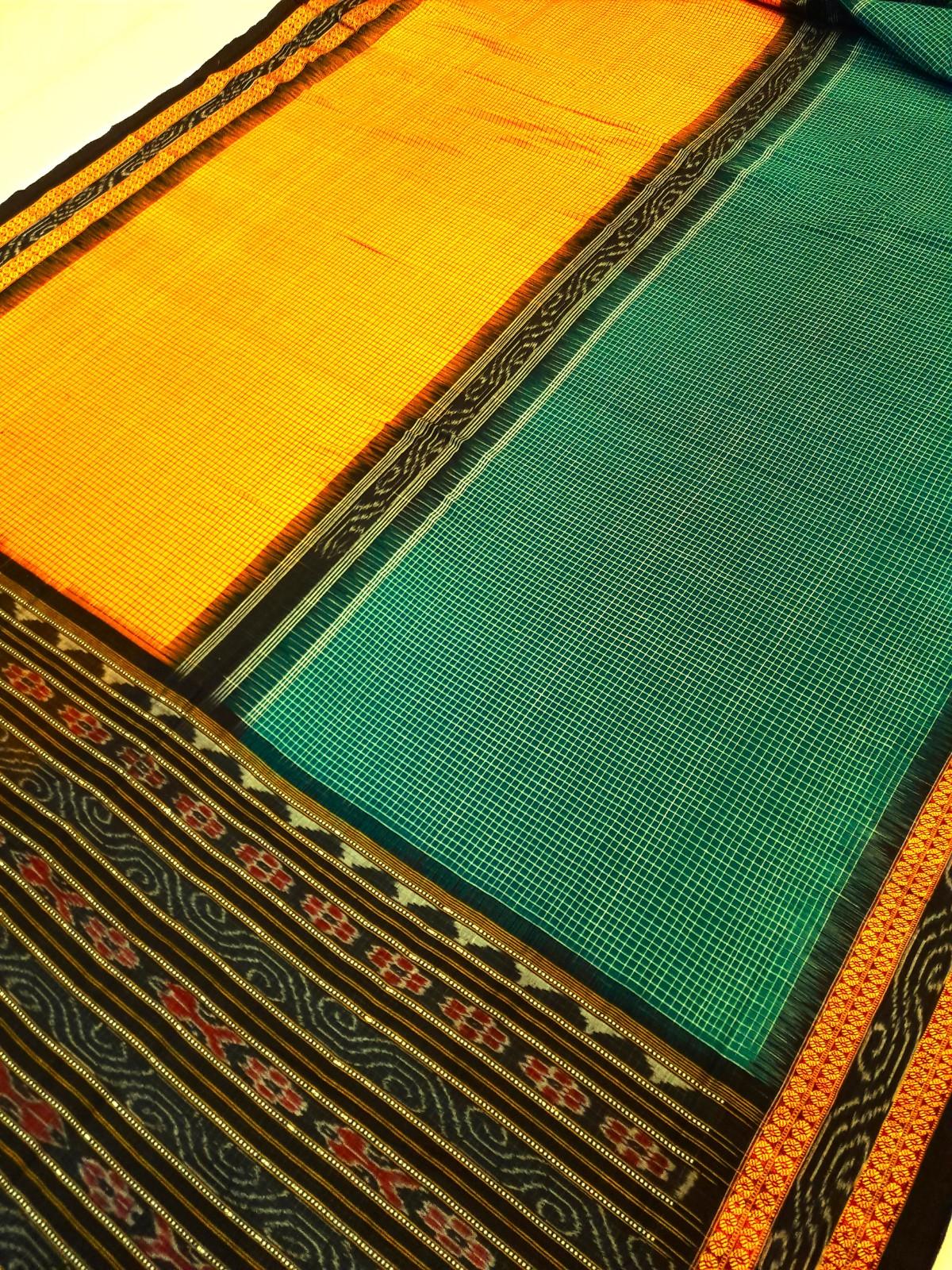 Yellow Green Sachipar Sambalpuri Cotton Saree with matching blouse piece