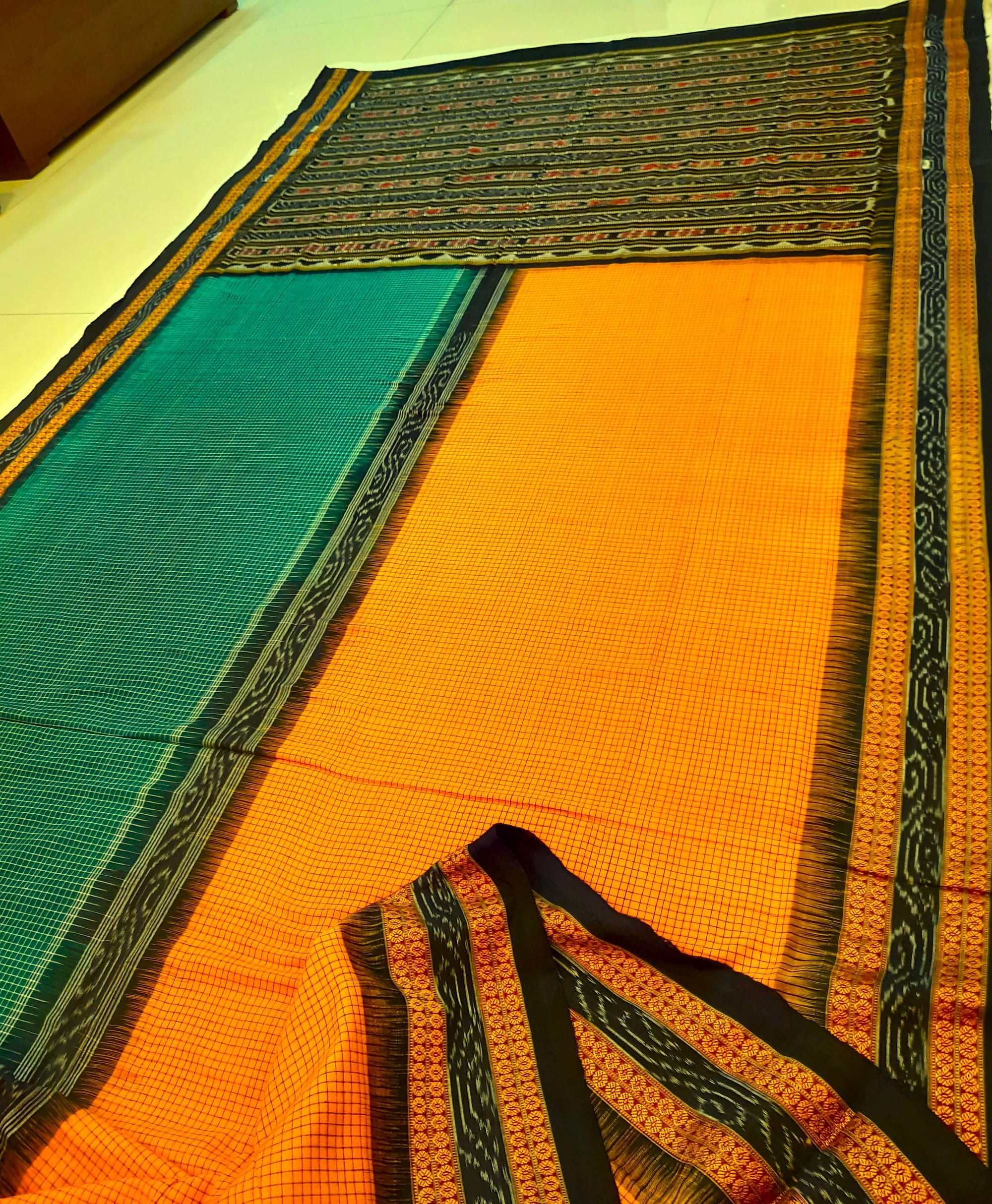 Yellow Green Sachipar Sambalpuri Cotton Saree with matching blouse piece