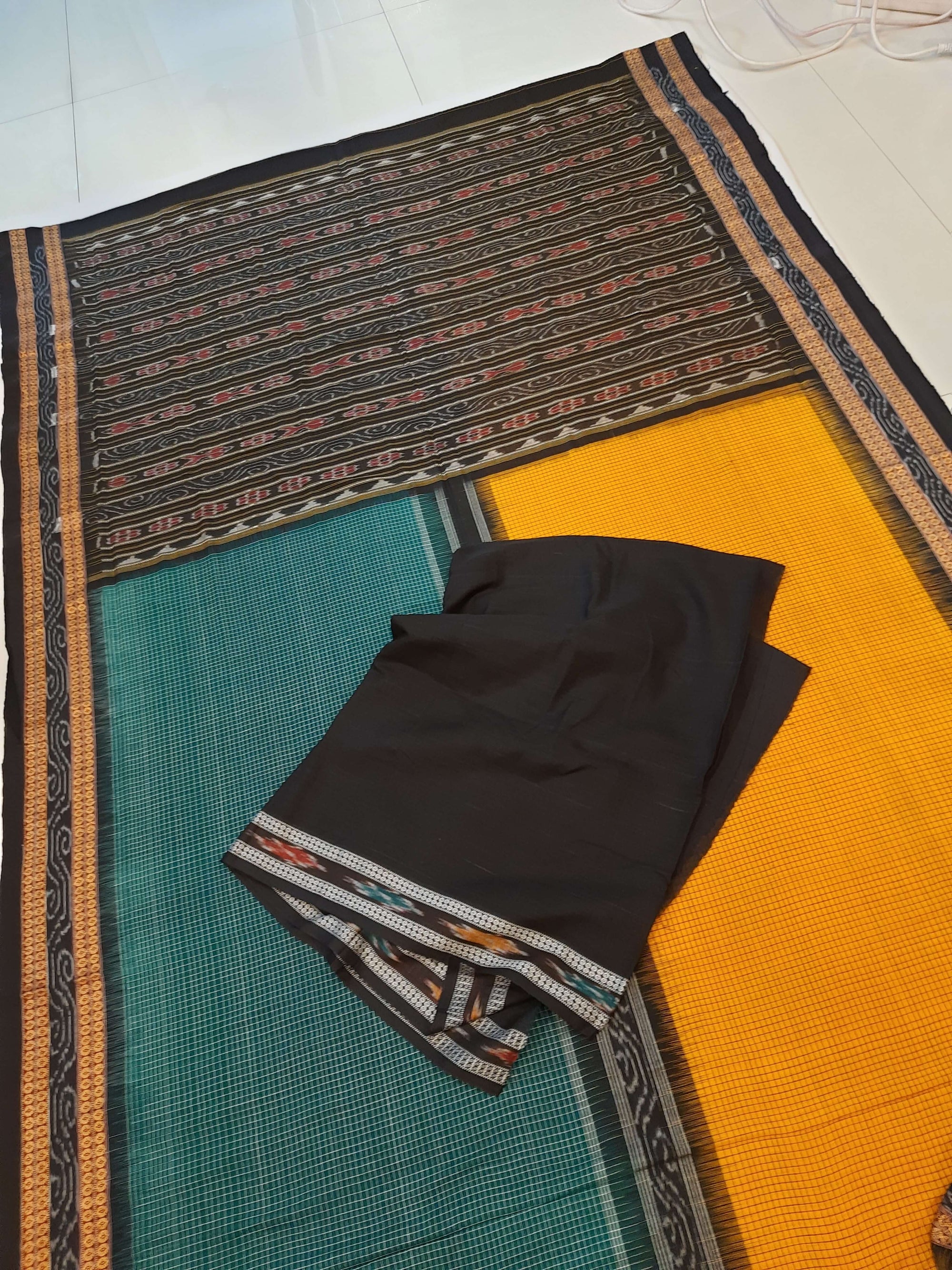 Yellow Green Sachipar Sambalpuri Cotton Saree with matching blouse piece