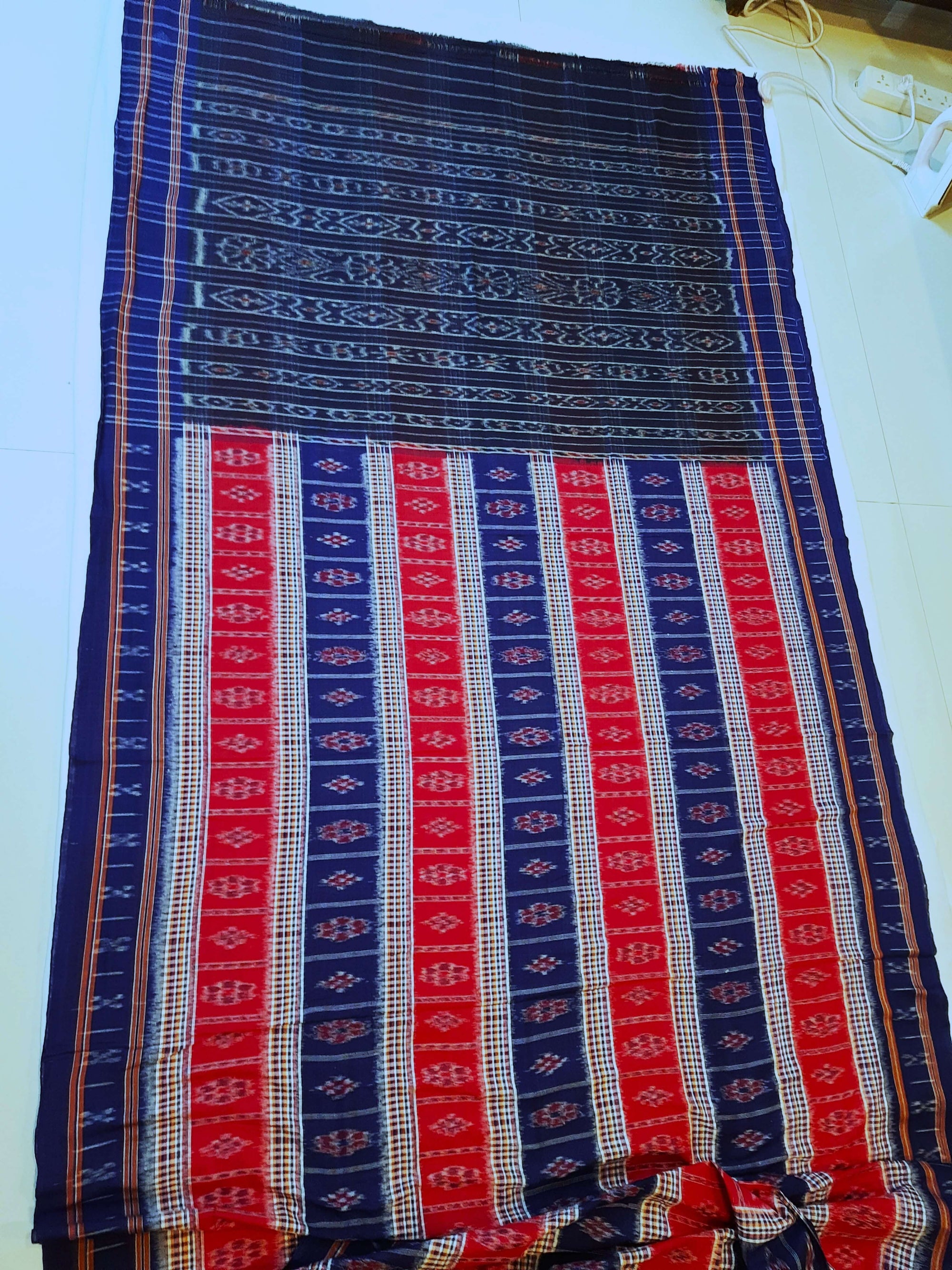 Blue Cotton Odisha Ikat saree with mix match cotton ikat blouse piece
