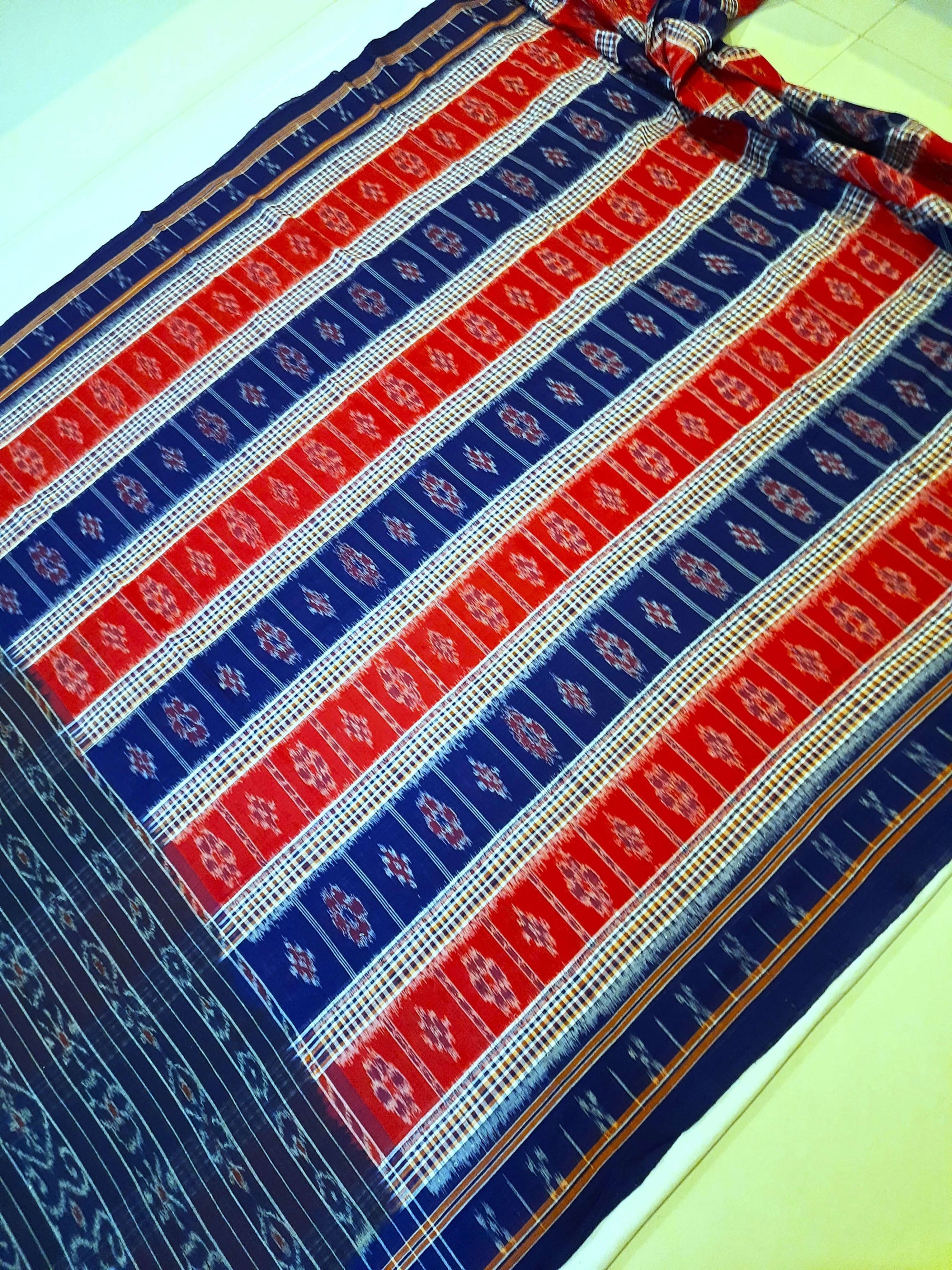 Blue Cotton Odisha Ikat saree with mix match cotton ikat blouse piece