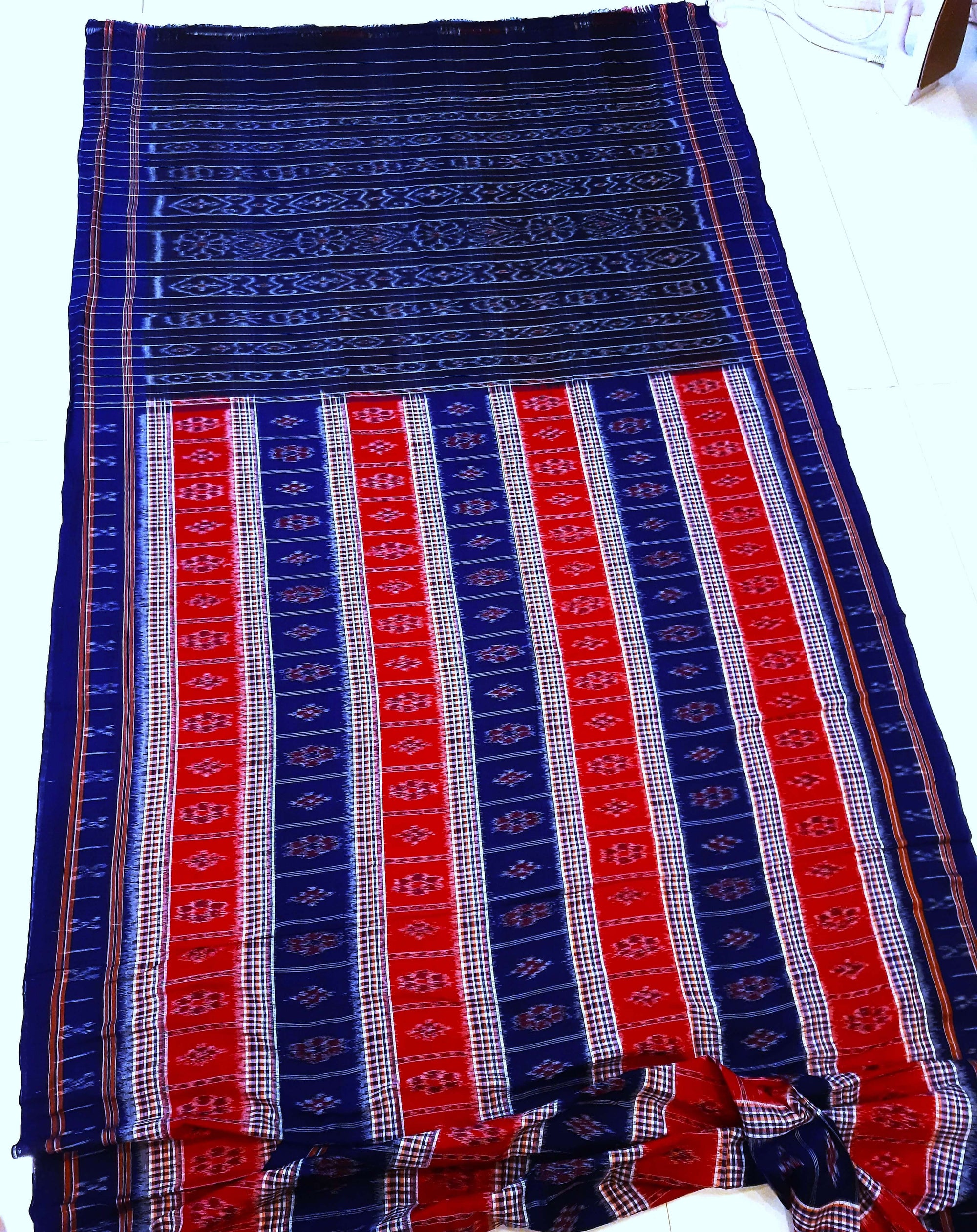 Blue Cotton Odisha Ikat saree with mix match cotton ikat blouse piece