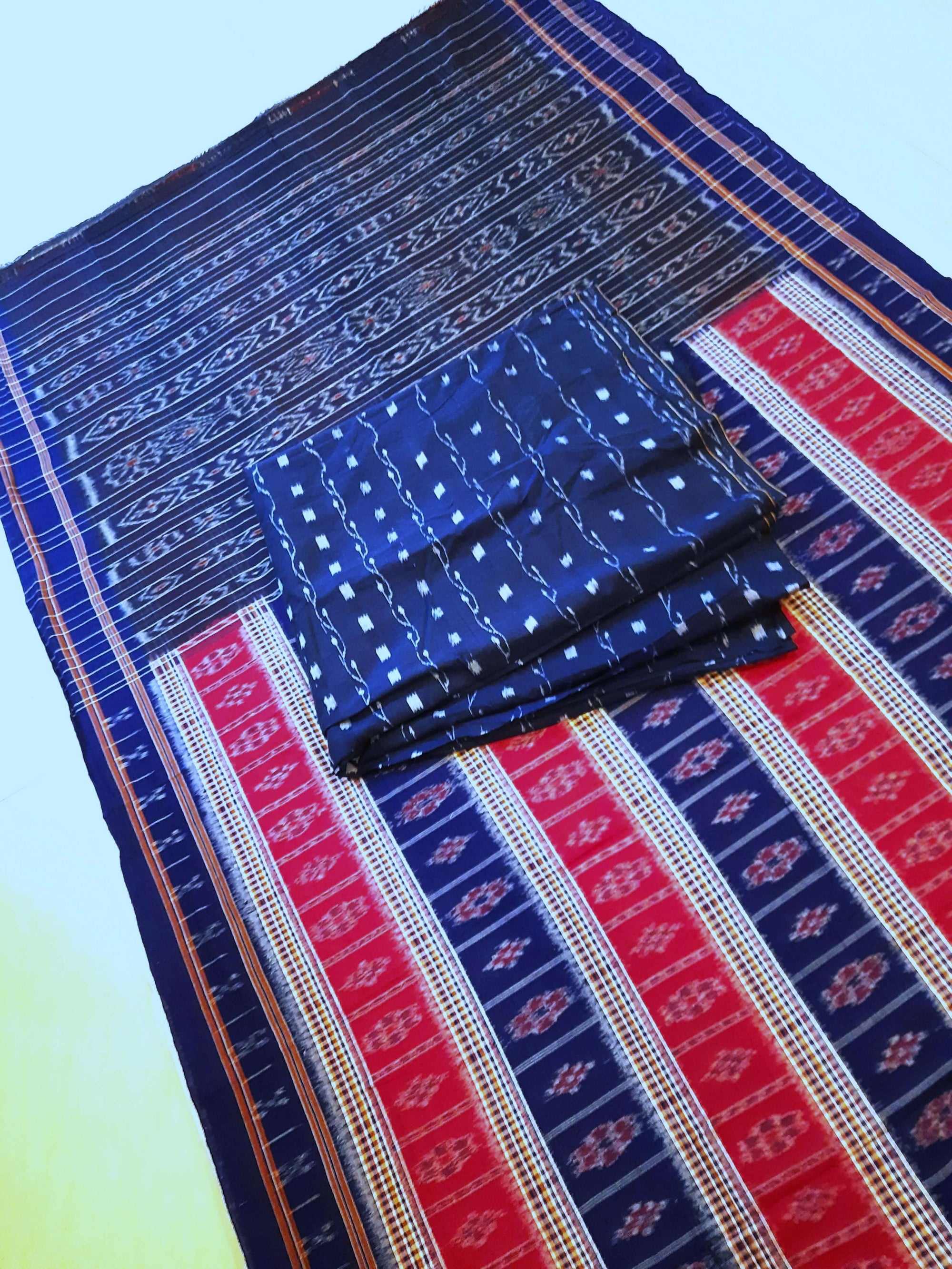 Blue Cotton Odisha Ikat saree with mix match cotton ikat blouse piece