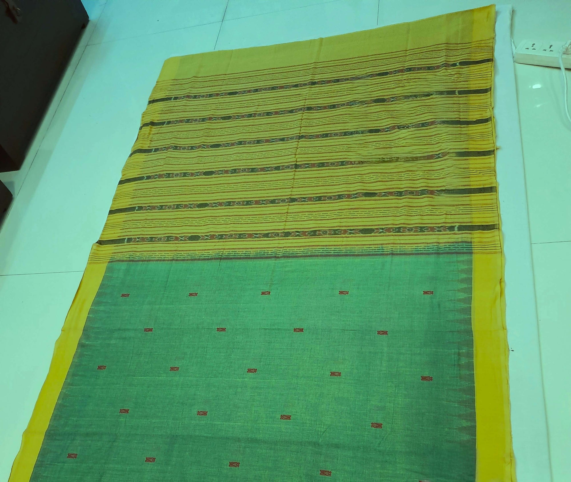 Green Yellow Sambalpuri Cotton Saree with running blouse piece