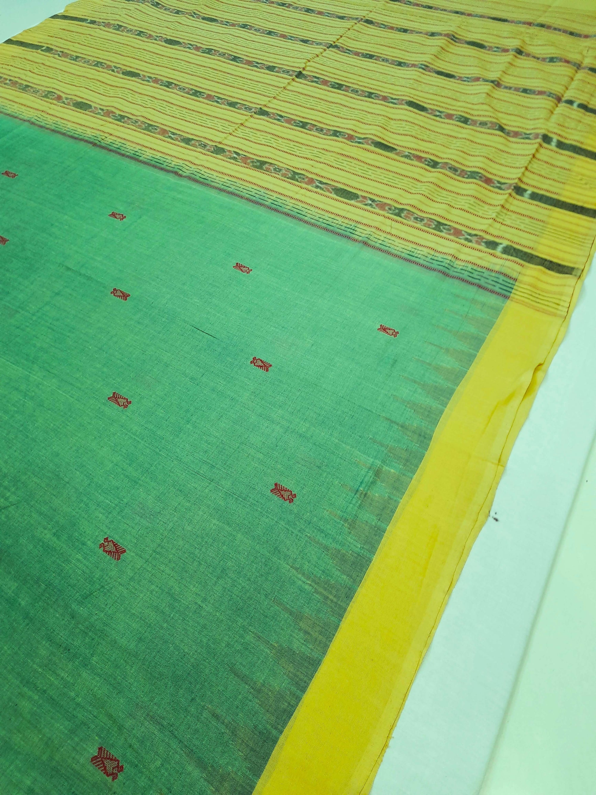 Green Yellow Sambalpuri Cotton Saree with running blouse piece