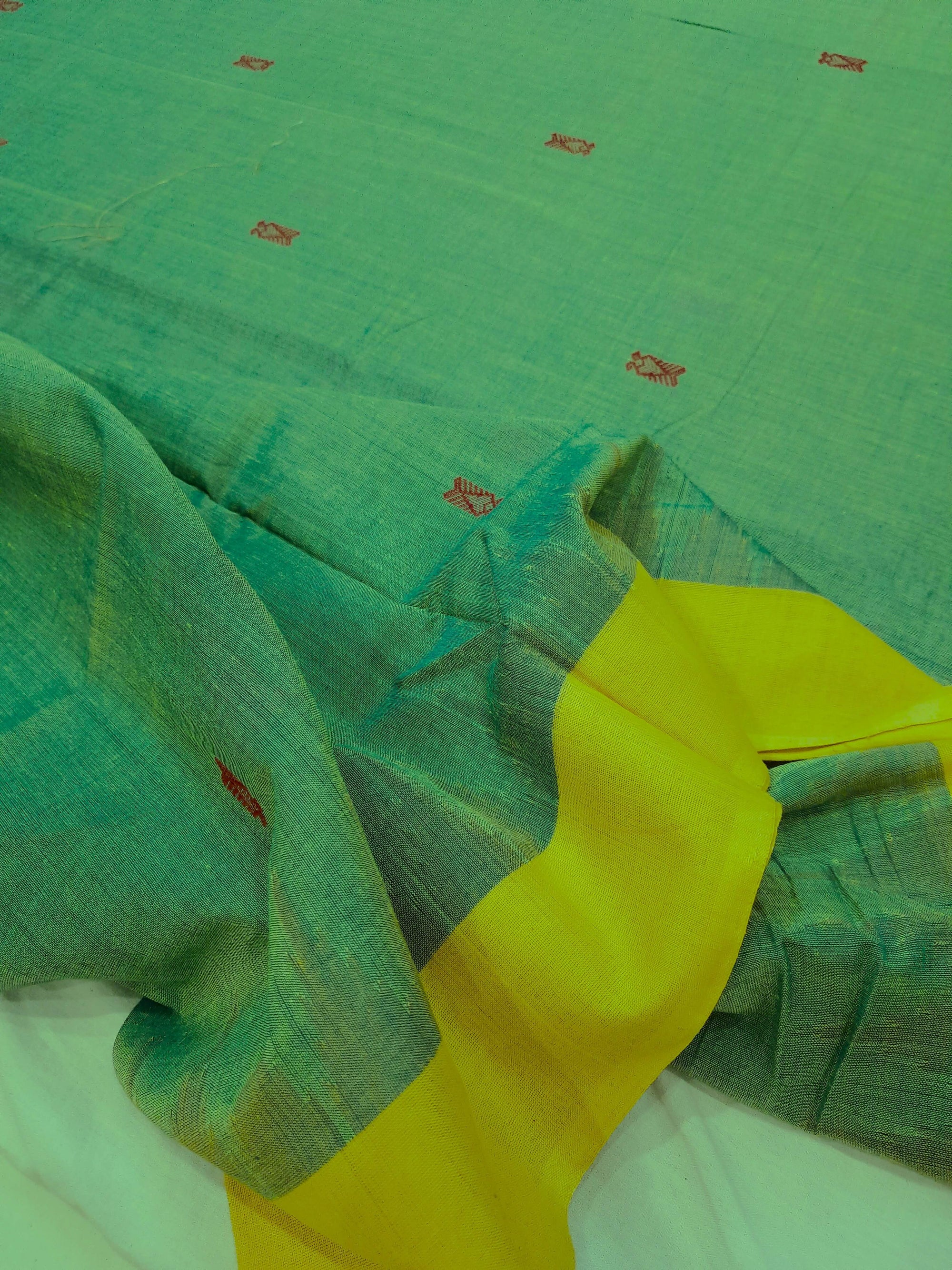 Green Yellow Sambalpuri Cotton Saree with running blouse piece