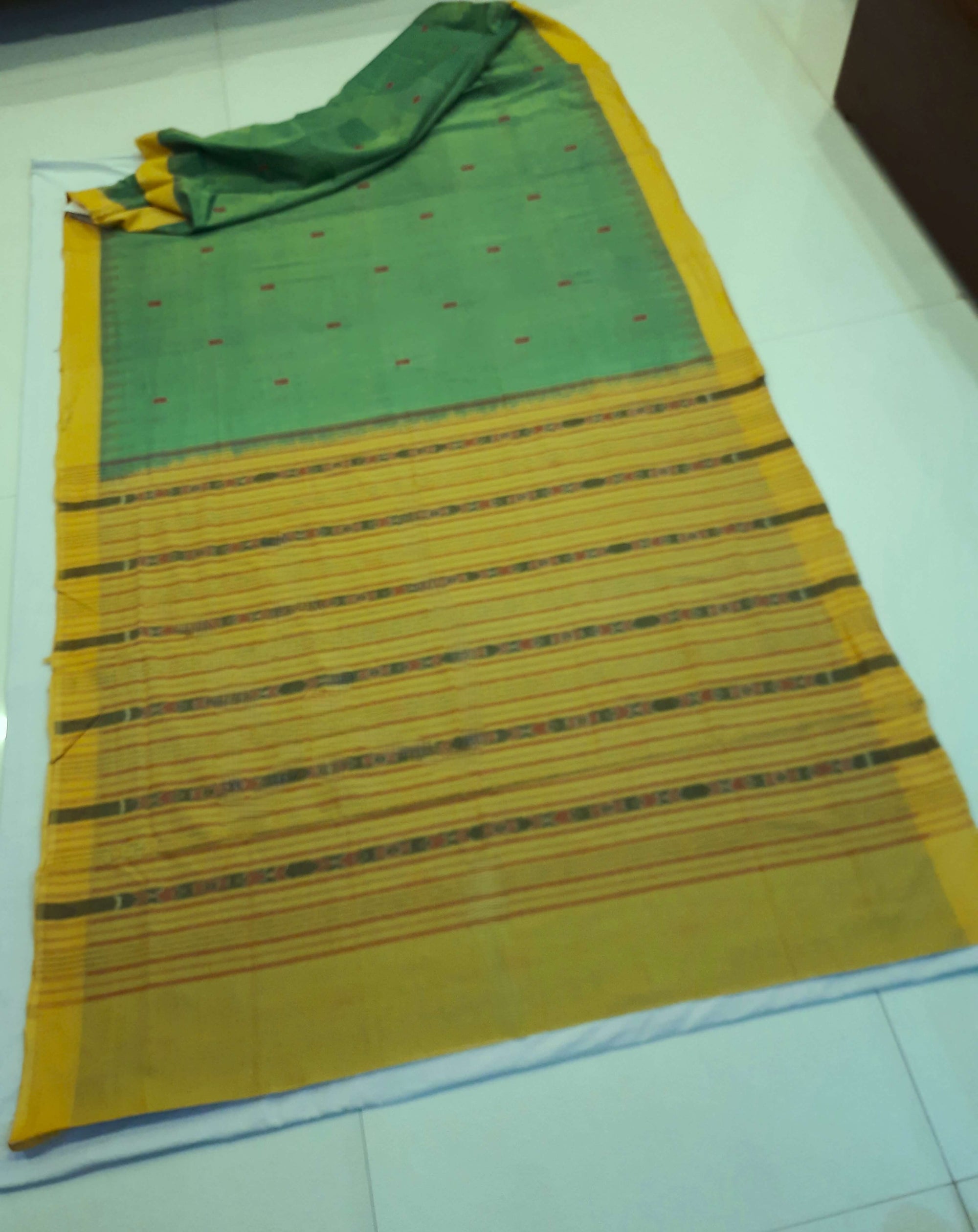 Green Yellow Sambalpuri Cotton Saree with running blouse piece