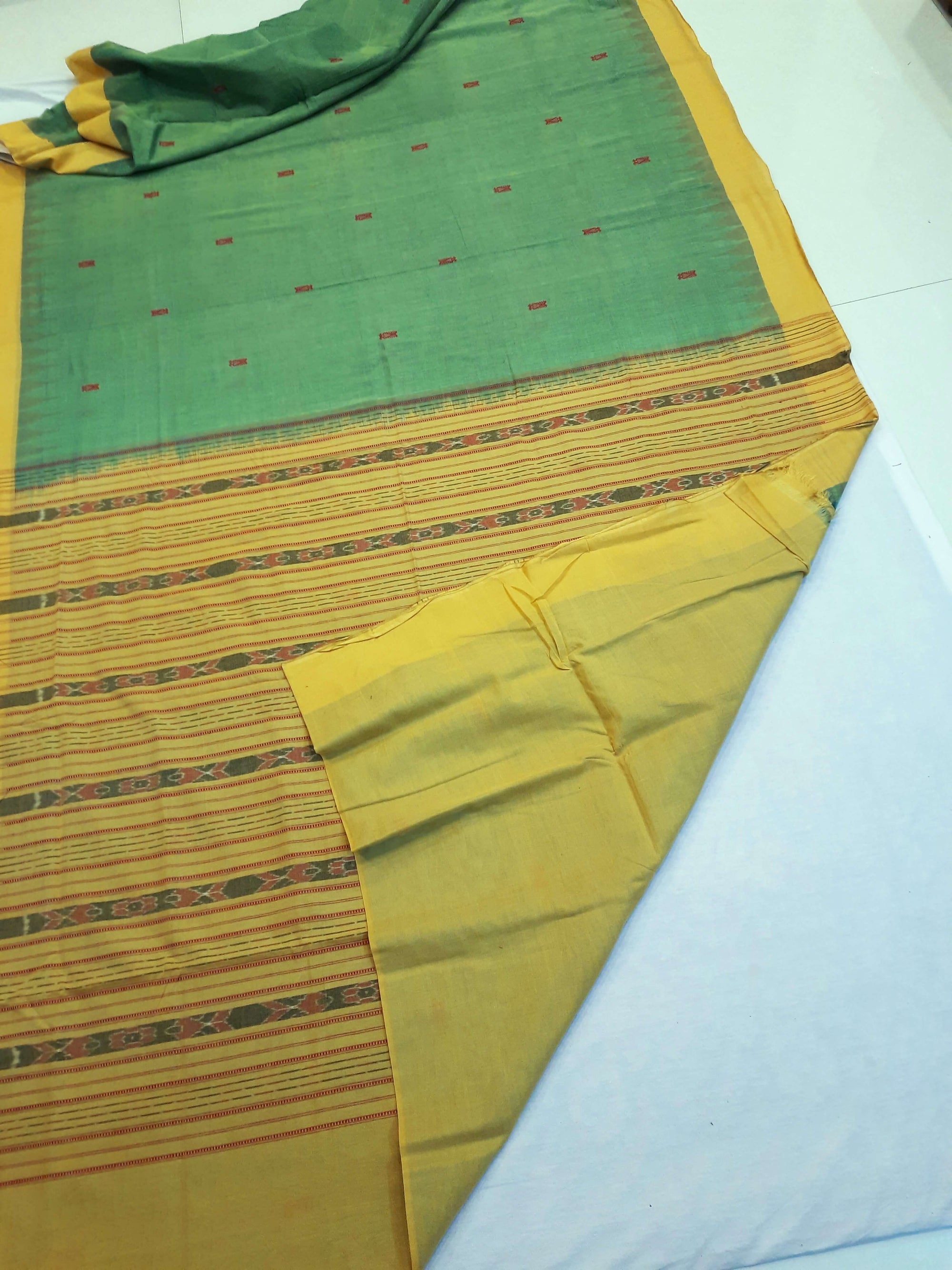 Green Yellow Sambalpuri Cotton Saree with running blouse piece