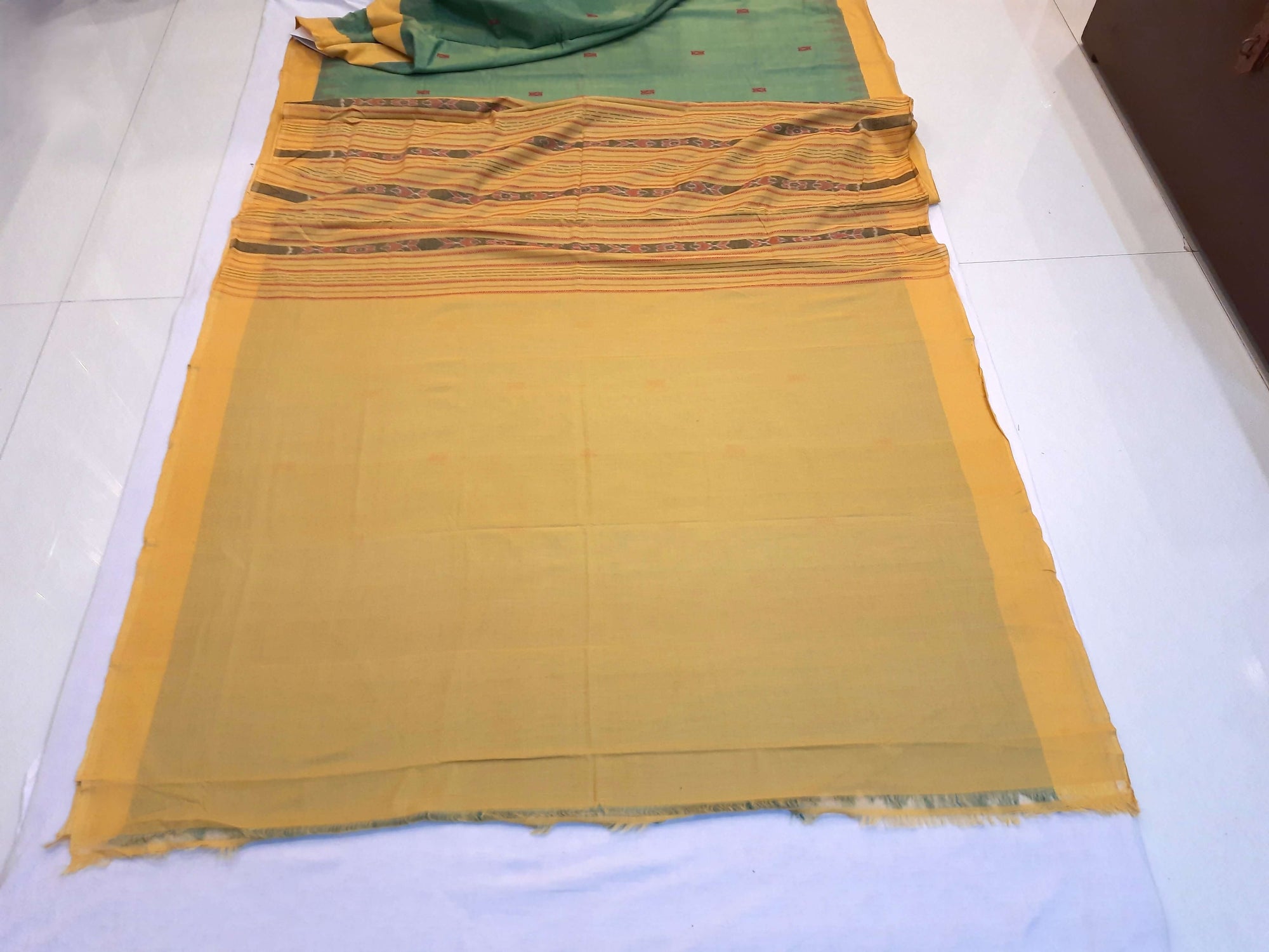 Green Yellow Sambalpuri Cotton Saree with running blouse piece