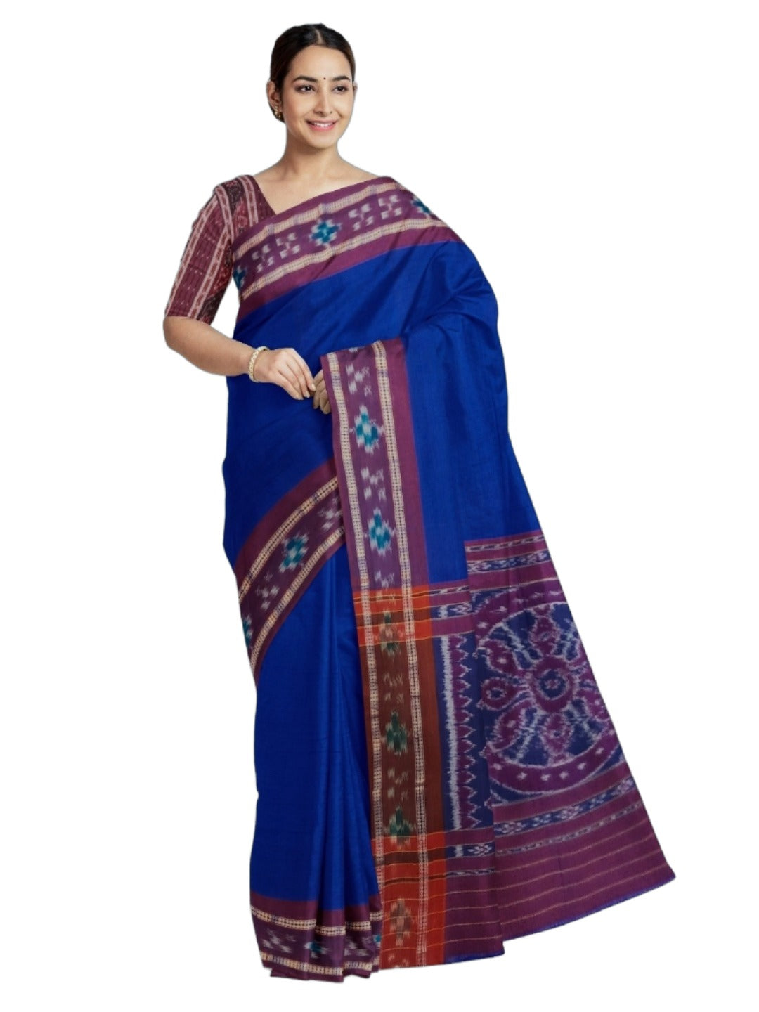 Dark Blue Cotton Odisha Ikat saree  with mix match cotton ikat blouse