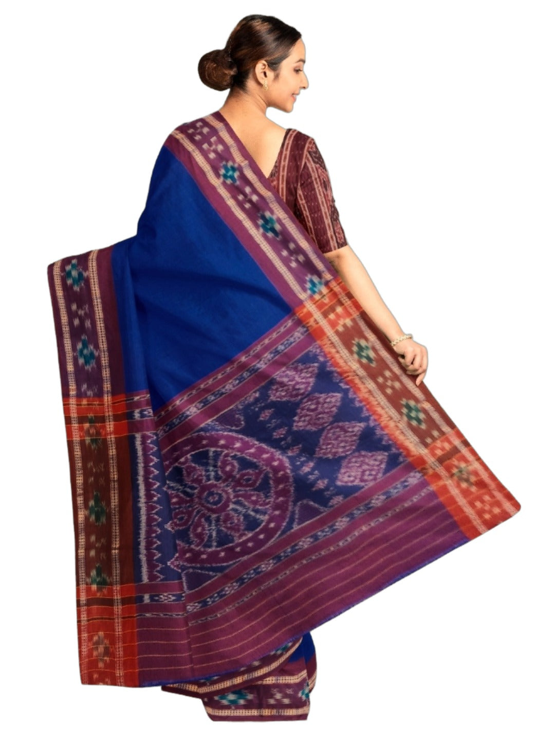 Dark Blue Cotton Odisha Ikat saree  with mix match cotton ikat blouse