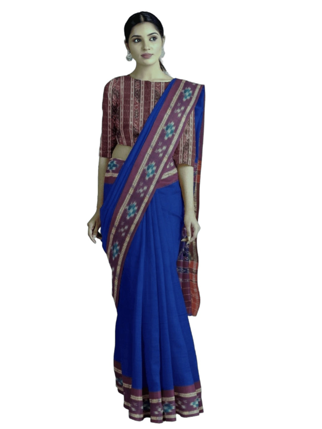 Dark Blue Cotton Odisha Ikat saree  with mix match cotton ikat blouse