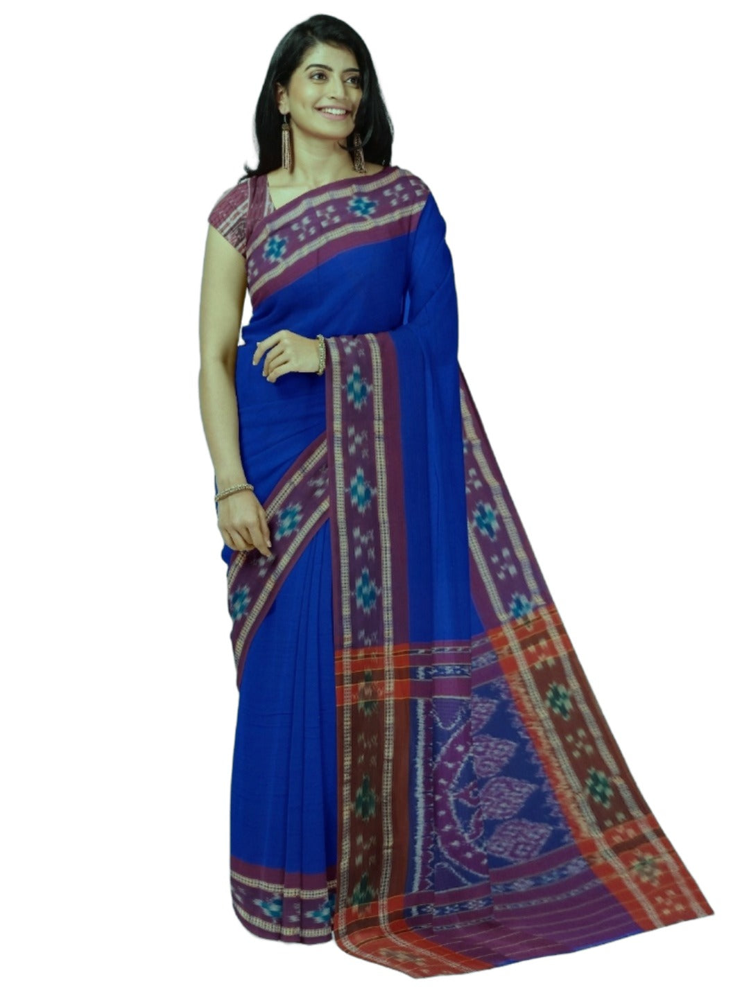 Dark Blue Cotton Odisha Ikat saree  with mix match cotton ikat blouse