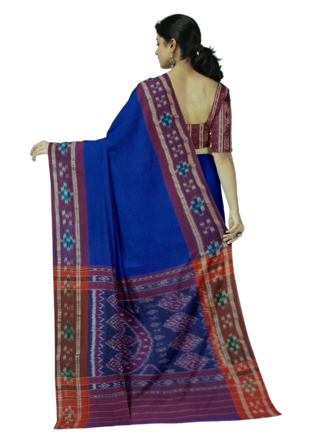 Dark Blue Cotton Odisha Ikat saree  with mix match cotton ikat blouse