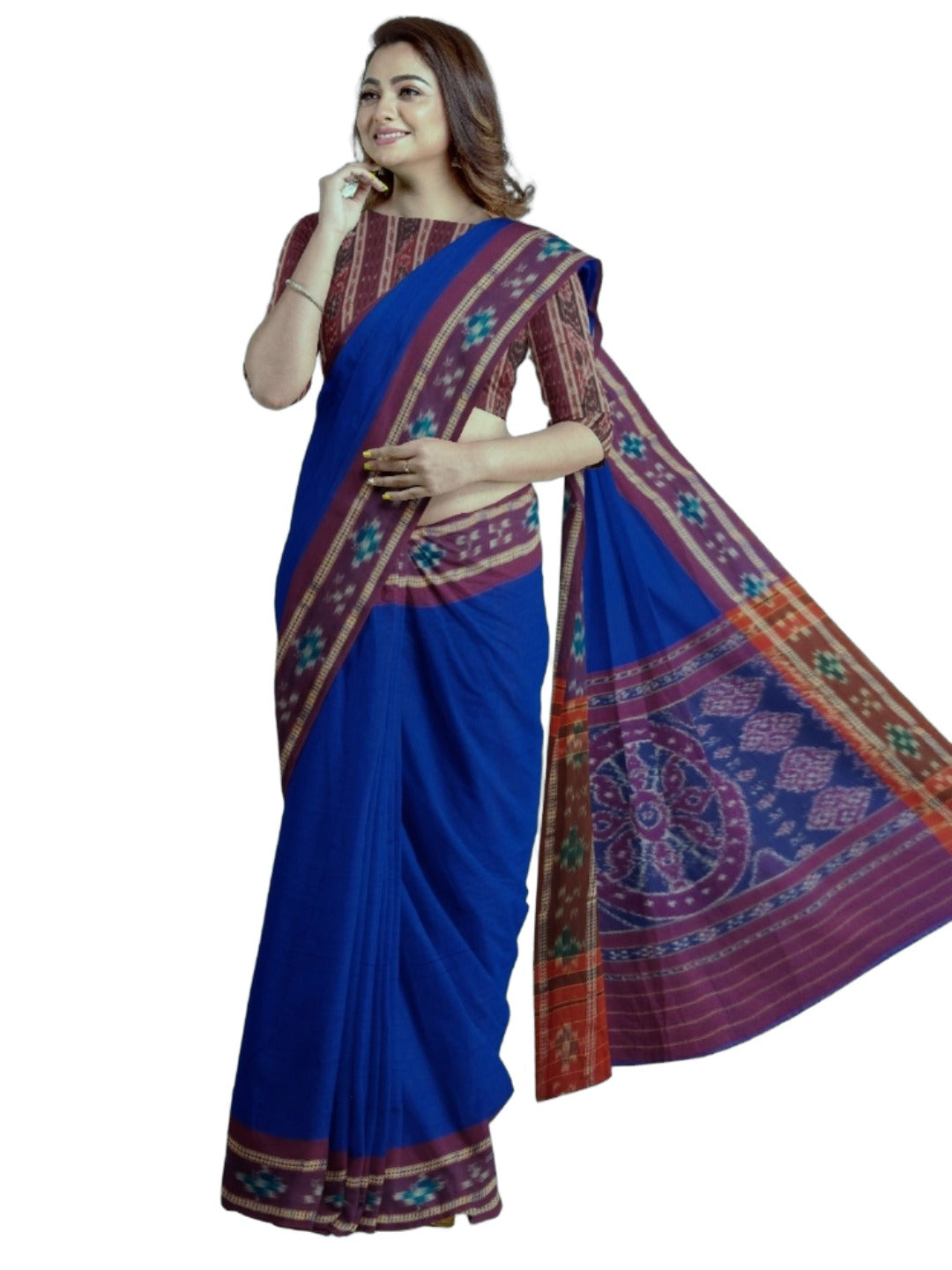 Dark Blue Cotton Odisha Ikat saree  with mix match cotton ikat blouse