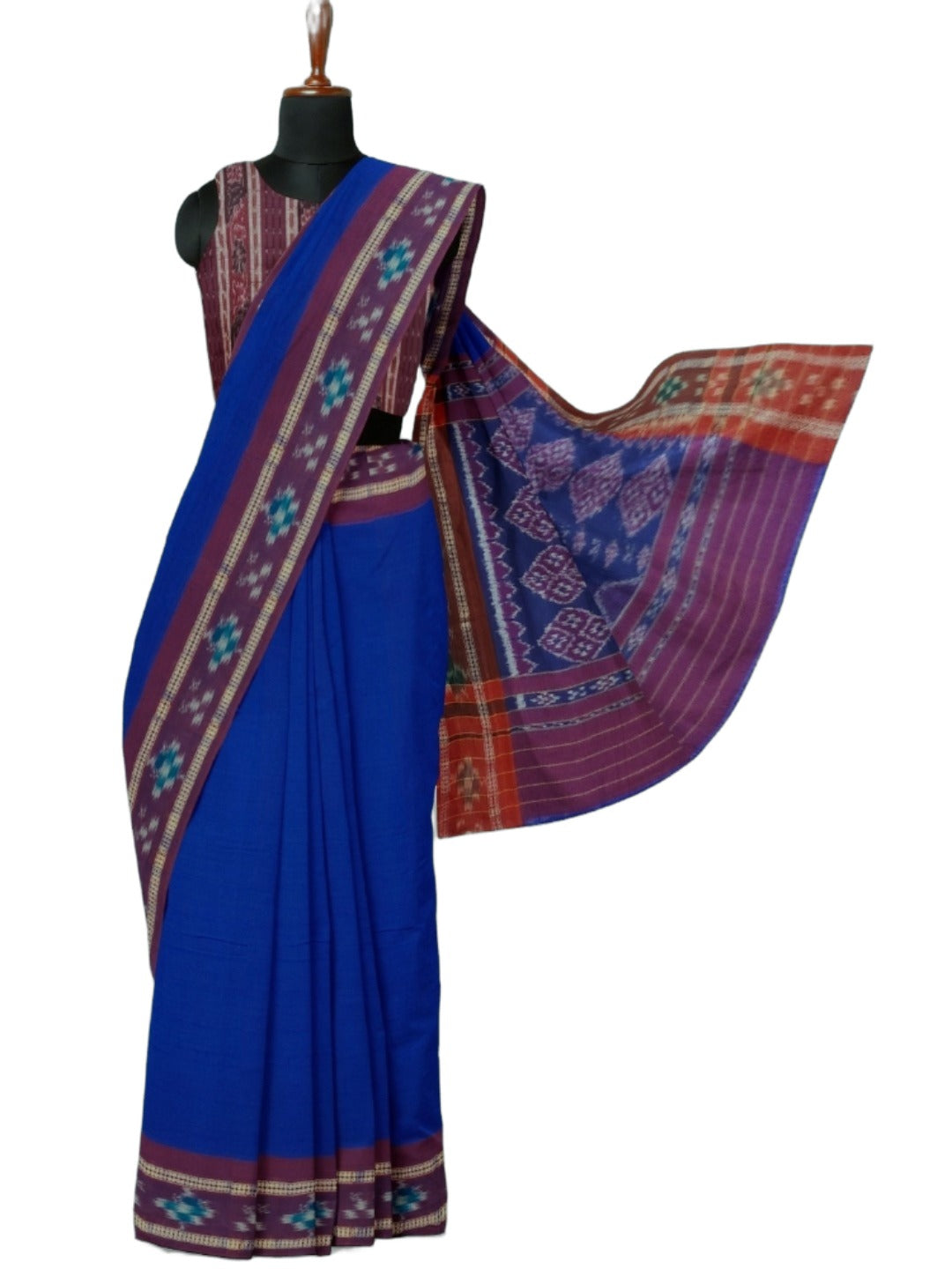 Dark Blue Cotton Odisha Ikat saree  with mix match cotton ikat blouse