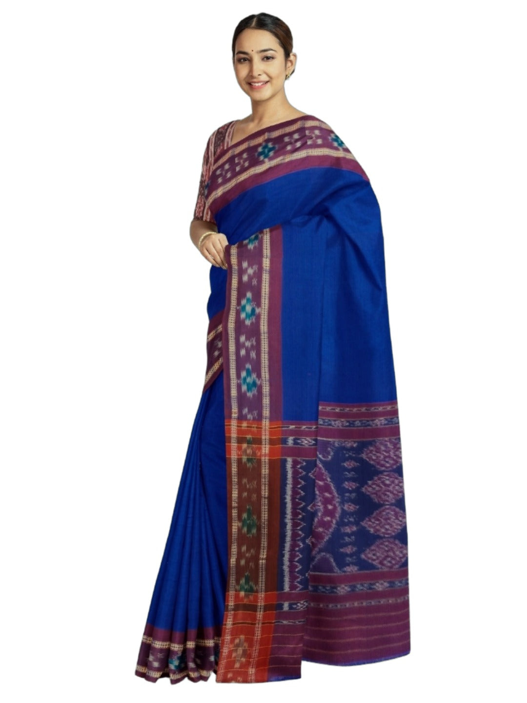 Dark Blue Cotton Odisha Ikat saree  with mix match cotton ikat blouse