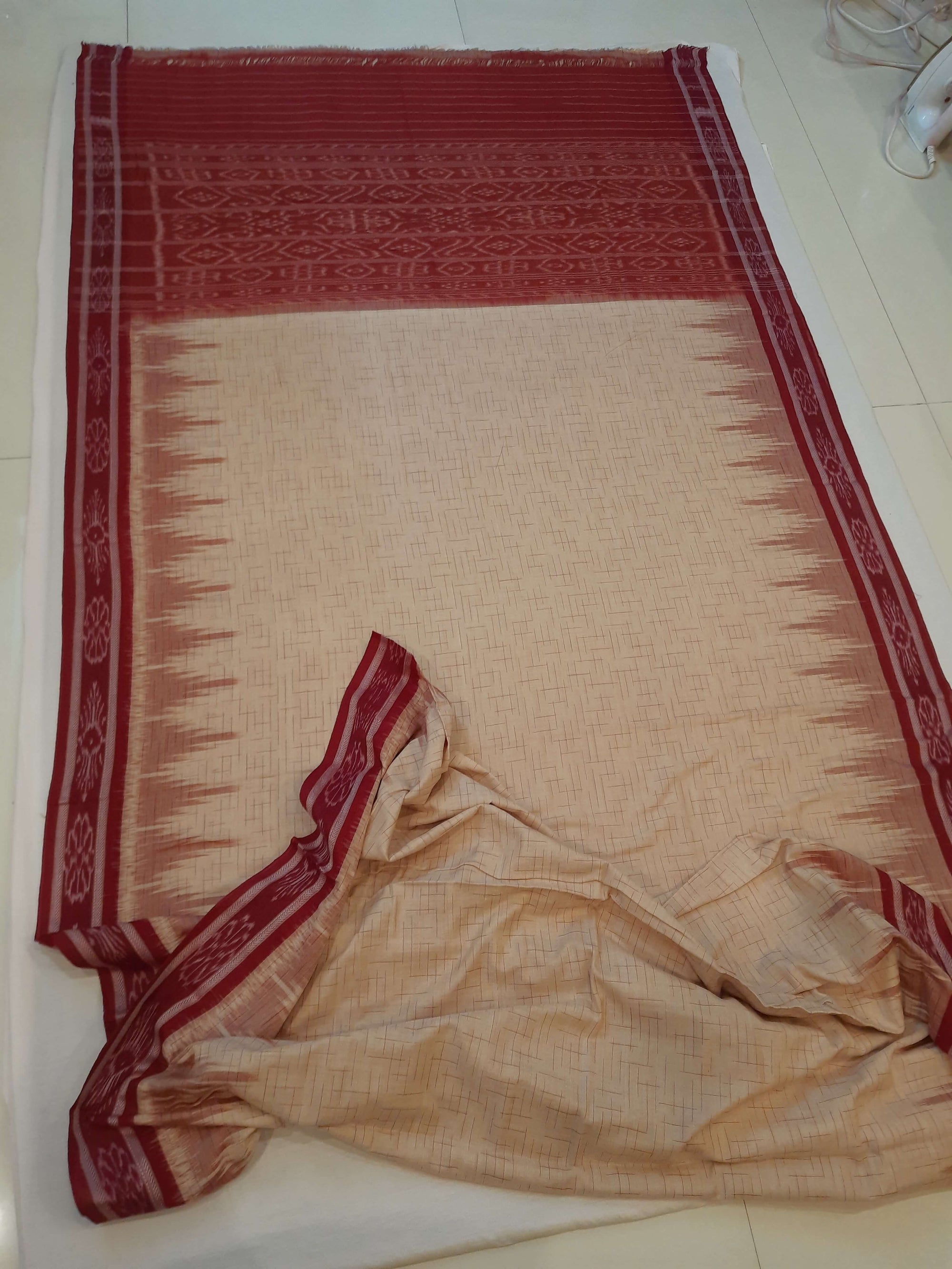 Beige with Maroon Cotton Odisha Ikat saree with mix match cotton ikat blouse piece