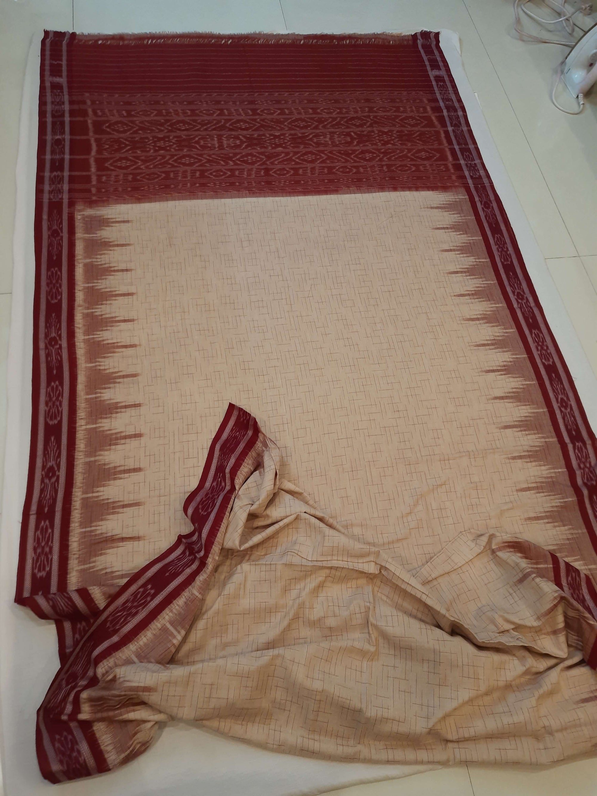 Beige with Maroon Cotton Odisha Ikat saree with mix match cotton ikat blouse piece
