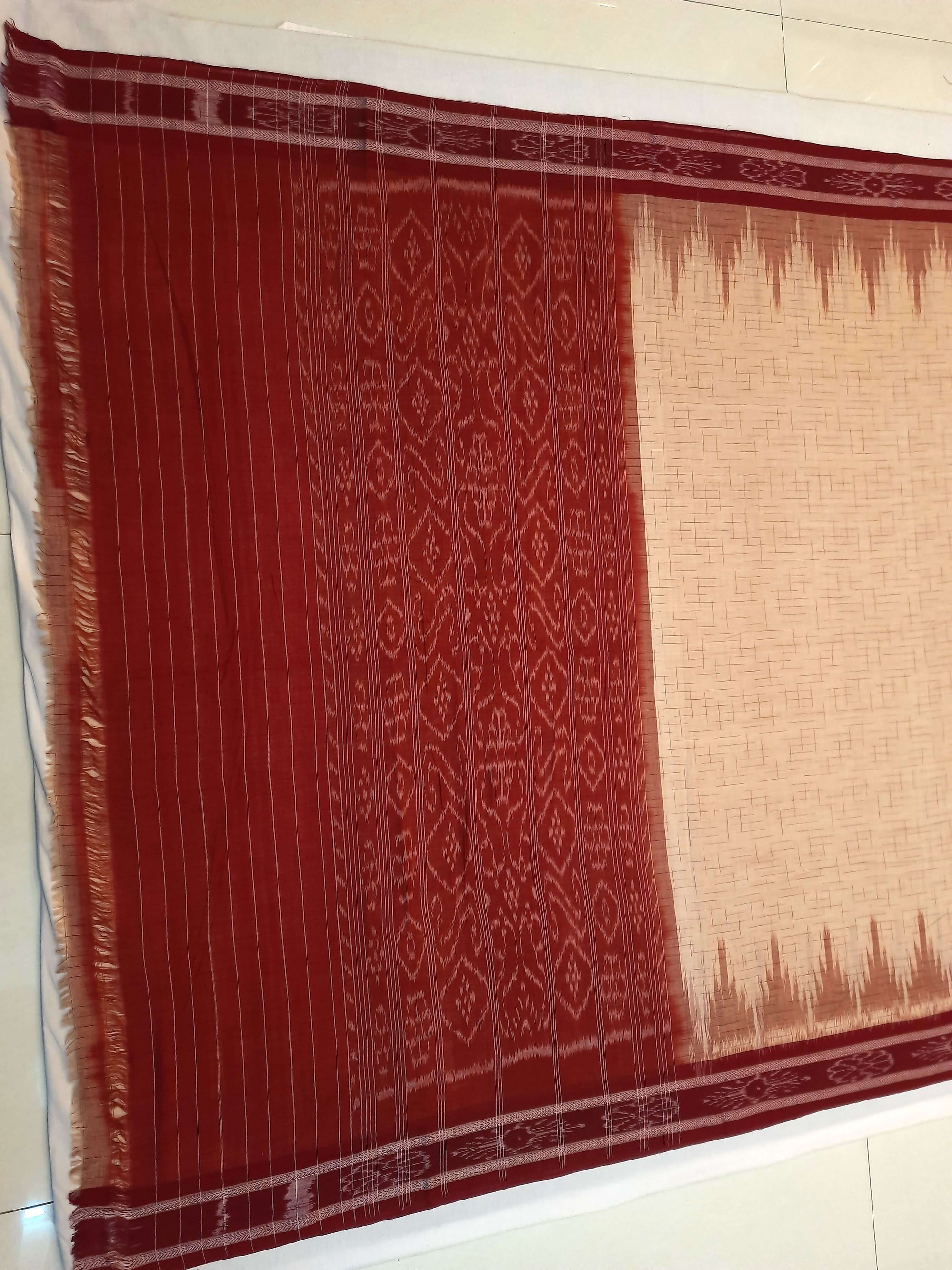 Beige with Maroon Cotton Odisha Ikat saree with mix match cotton ikat blouse piece