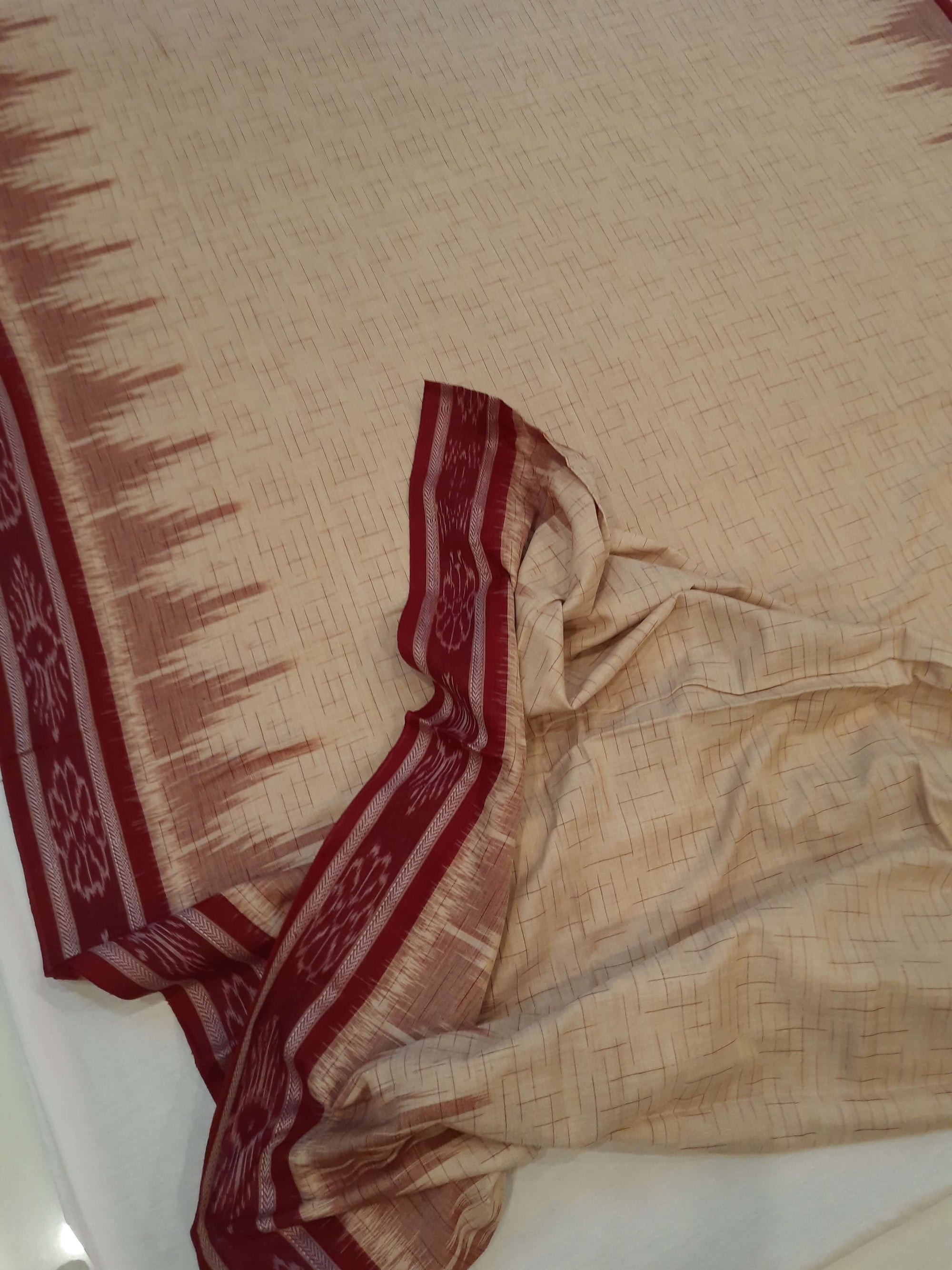 Beige with Maroon Cotton Odisha Ikat saree with mix match cotton ikat blouse piece