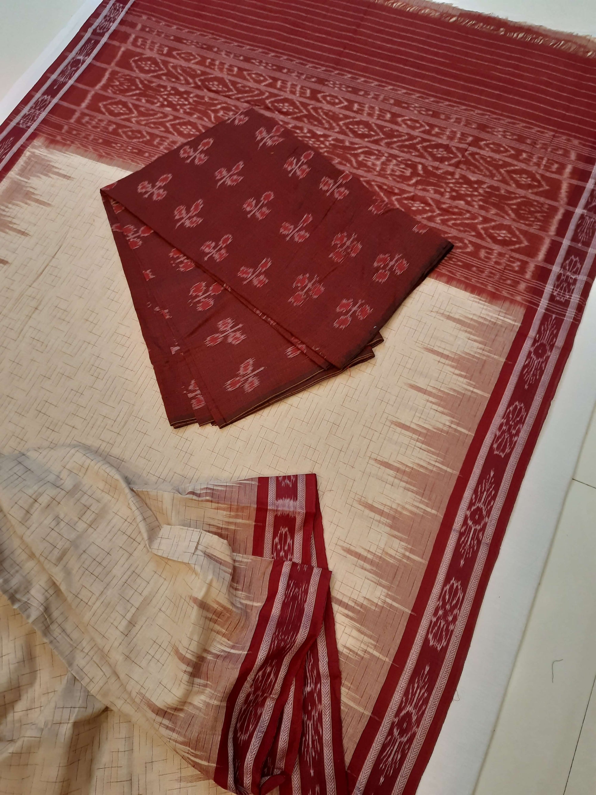 Beige with Maroon Cotton Odisha Ikat saree with mix match cotton ikat blouse piece