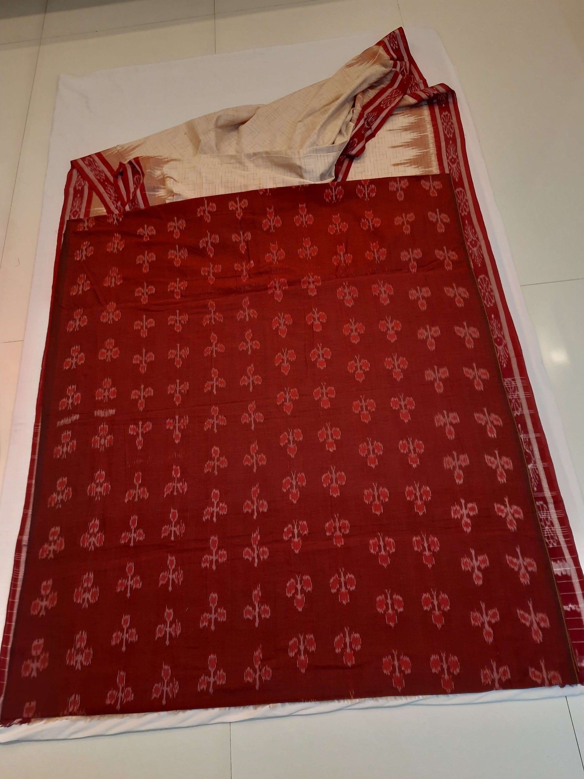Beige with Maroon Cotton Odisha Ikat saree with mix match cotton ikat blouse piece