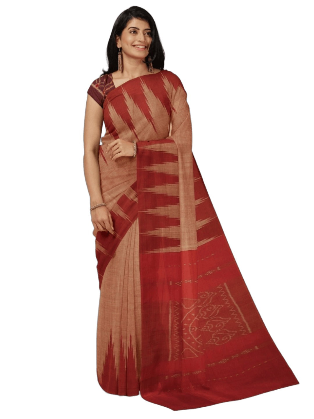 Rust Cotton Odisha Ikat saree  with mix match cotton ikat blouse