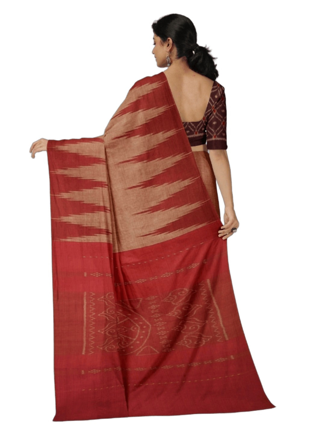 Rust Cotton Odisha Ikat saree  with mix match cotton ikat blouse