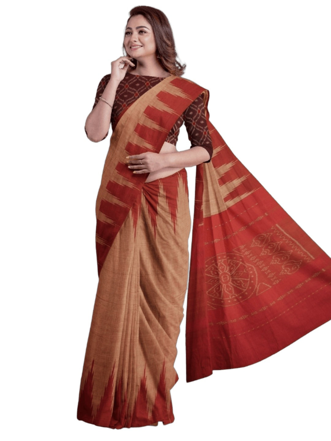Rust Cotton Odisha Ikat saree  with mix match cotton ikat blouse