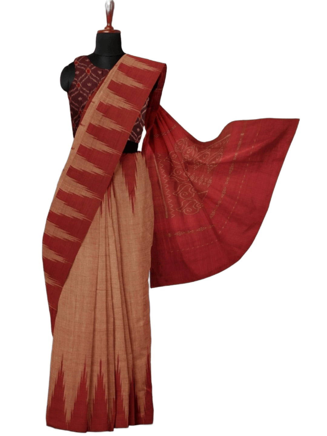 Rust Cotton Odisha Ikat saree  with mix match cotton ikat blouse