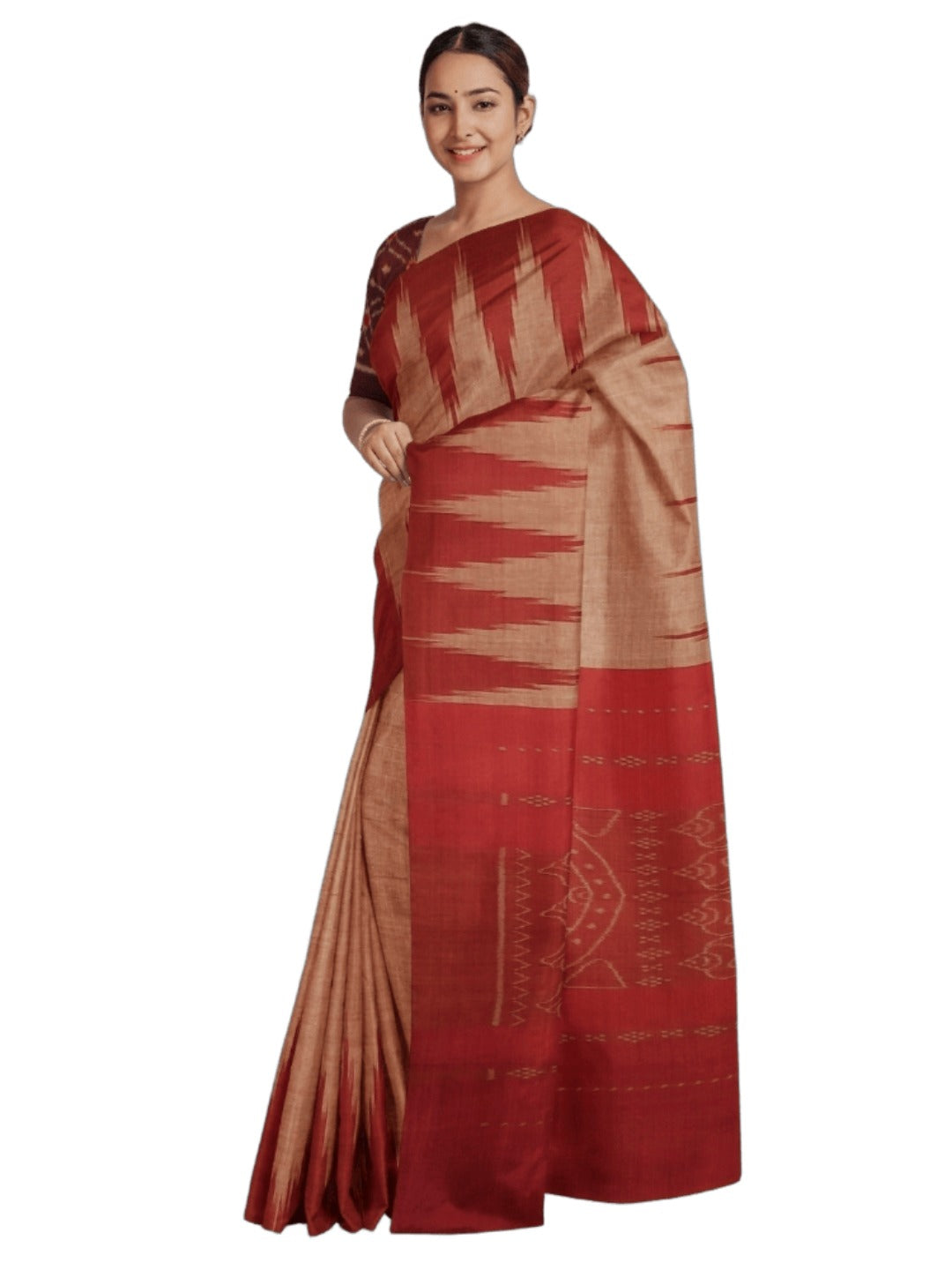Rust Cotton Odisha Ikat saree  with mix match cotton ikat blouse