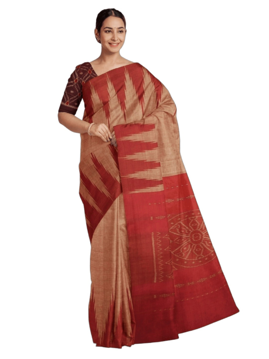 Rust Cotton Odisha Ikat saree  with mix match cotton ikat blouse