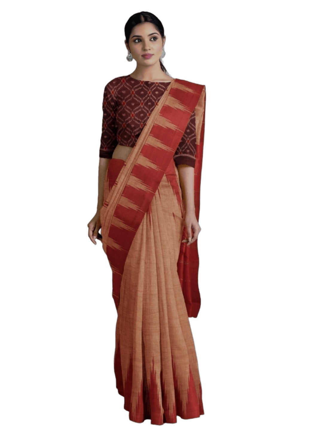 Rust Cotton Odisha Ikat saree  with mix match cotton ikat blouse