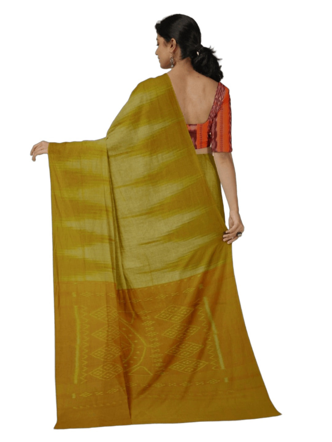 Mustard Green Cotton Odisha Ikat saree  with mix match cotton ikat blouse
