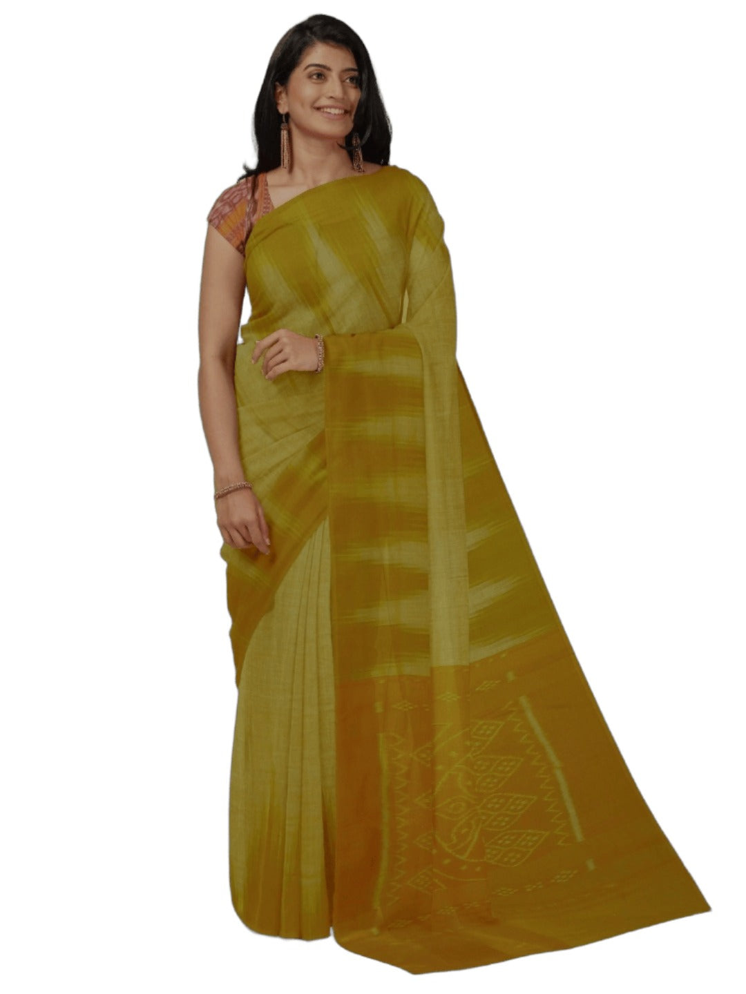 Mustard Green Cotton Odisha Ikat saree  with mix match cotton ikat blouse