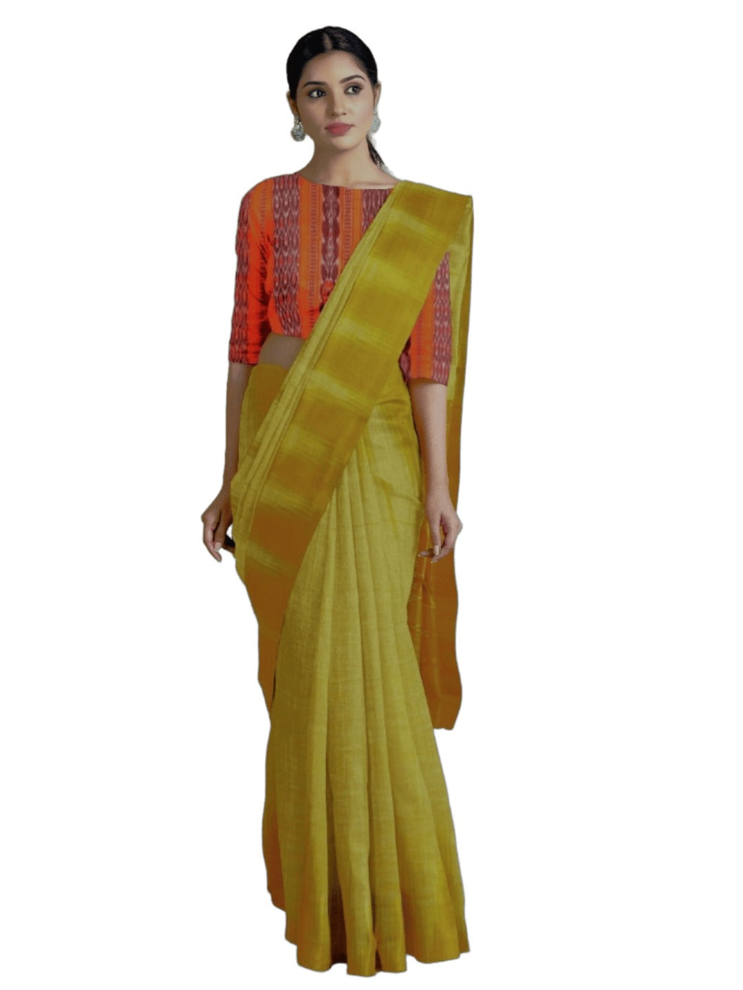 Mustard Green Cotton Odisha Ikat saree  with mix match cotton ikat blouse