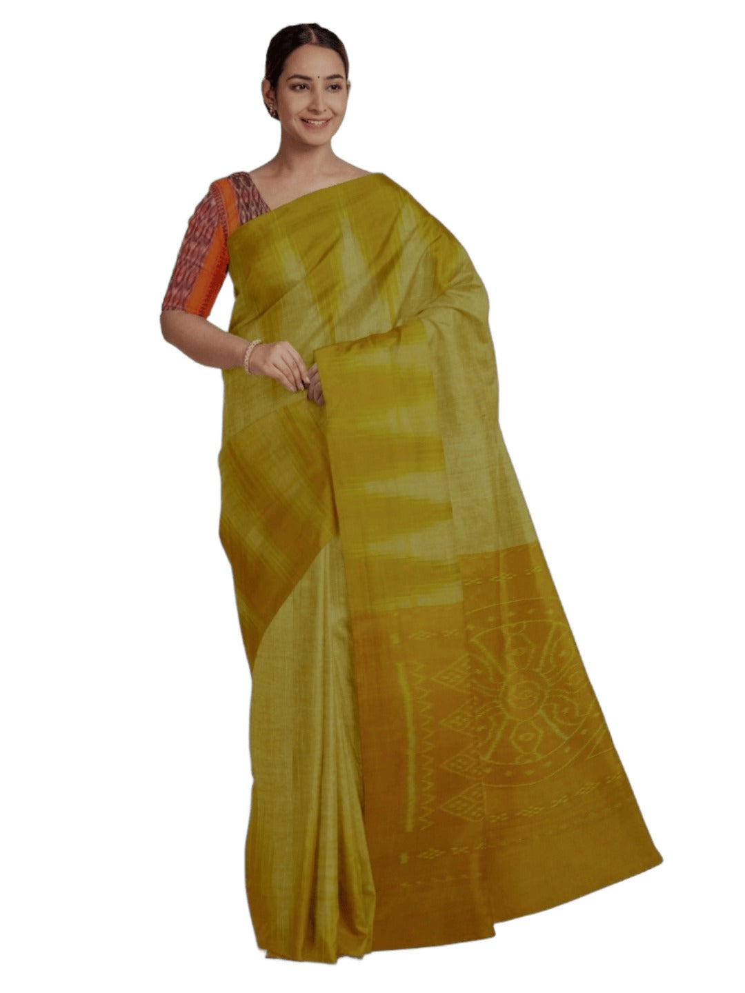 Mustard Green Cotton Odisha Ikat saree  with mix match cotton ikat blouse