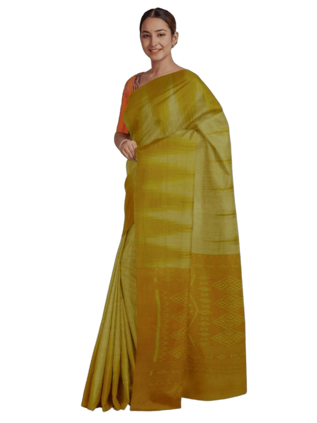 Mustard Green Cotton Odisha Ikat saree  with mix match cotton ikat blouse