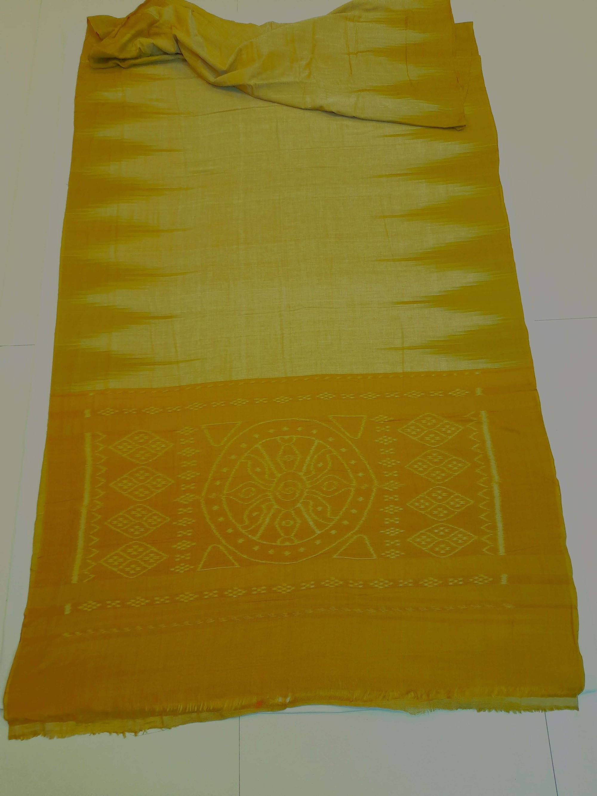 Mustard Green Cotton Odisha Ikat saree  with mix match cotton ikat blouse